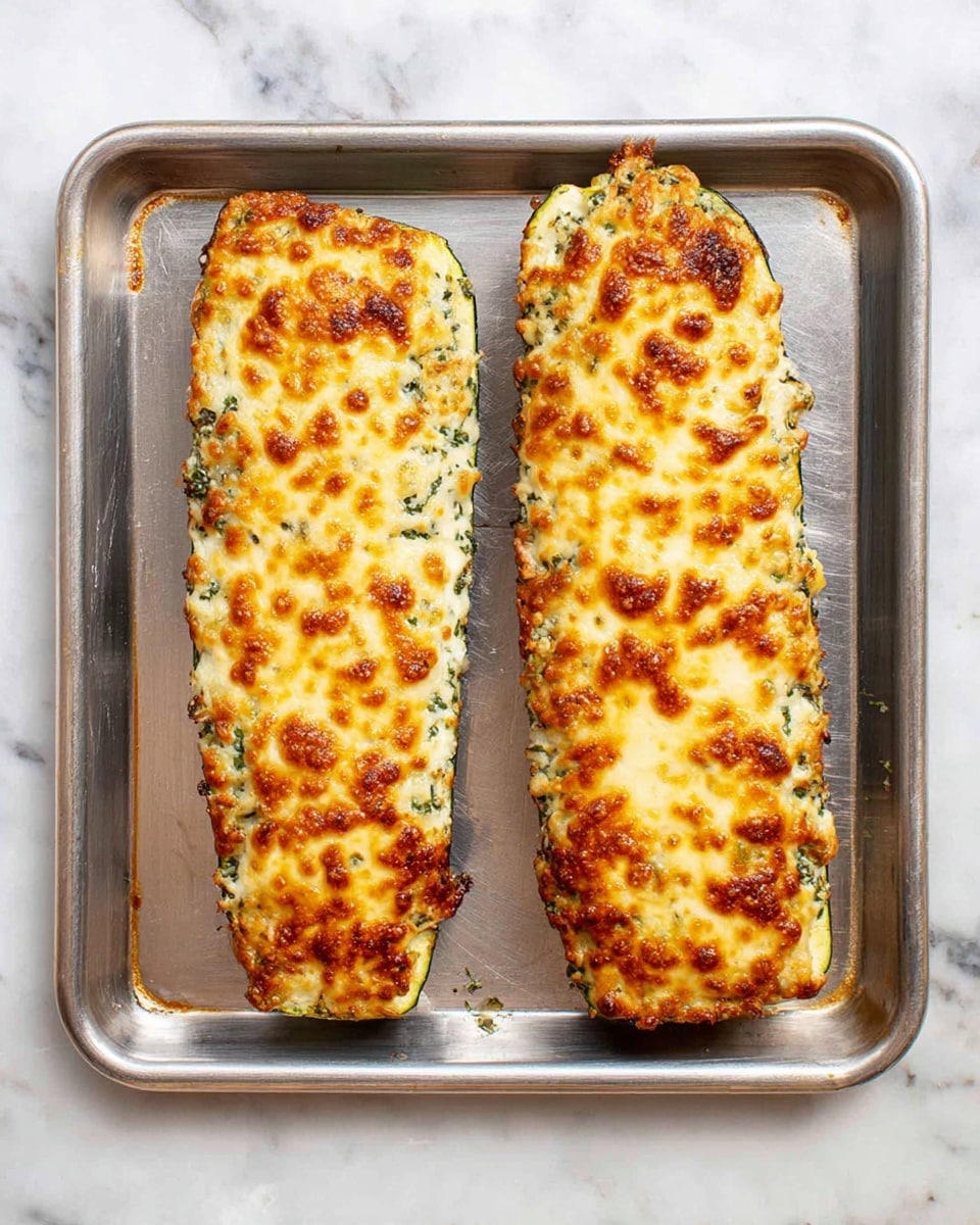 Two long slices of zucchini are placed side by side on a metal baking tray, which rests on a white marbled surface. Each slice is topped with a thick, golden-brown, bubbly layer of melted cheese mixed with green herbs. The cheese layer covers the entire top of the zucchini slices and has browned spots that show it was baked to a crisp finish. Photo taken with an iphone --ar 4:5 --v 7