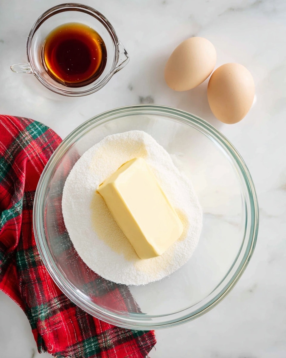 A clear glass mixing bowl sits on a white marbled surface, filled with a base layer of white granulated sugar topped with a solid pale yellow stick of butter. Nearby on the surface are two eggs, one light beige and one light brown resting side by side. Above the bowl, there is a small clear glass bowl containing dark amber vanilla extract. A red and green plaid cloth is partially visible folded beneath the bowl. The scene is bright with soft natural light highlighting the smooth textures of the ingredients. photo taken with an iphone --ar 4:5 --v 7