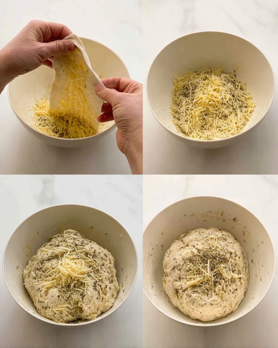A white bowl sits on a white marbled surface in a series of four photos showing a mixture being made. The bowl contains a dough-like mixture with pale yellow shredded cheese and black pepper seasoning sprinkled on top. A woman's hand lifts and folds a flat, pale dough sheet speckled with black pepper from above, mixing it into the shredded cheese inside the bowl. The dough and cheese blend together and become soft and stretchy as the woman's hand continues to mix. Finally, the bowl holds a round, pale dough mixture with some specks of black pepper and yellow cheese scattered evenly throughout. photo taken with an iphone --ar 4:5 --v 7