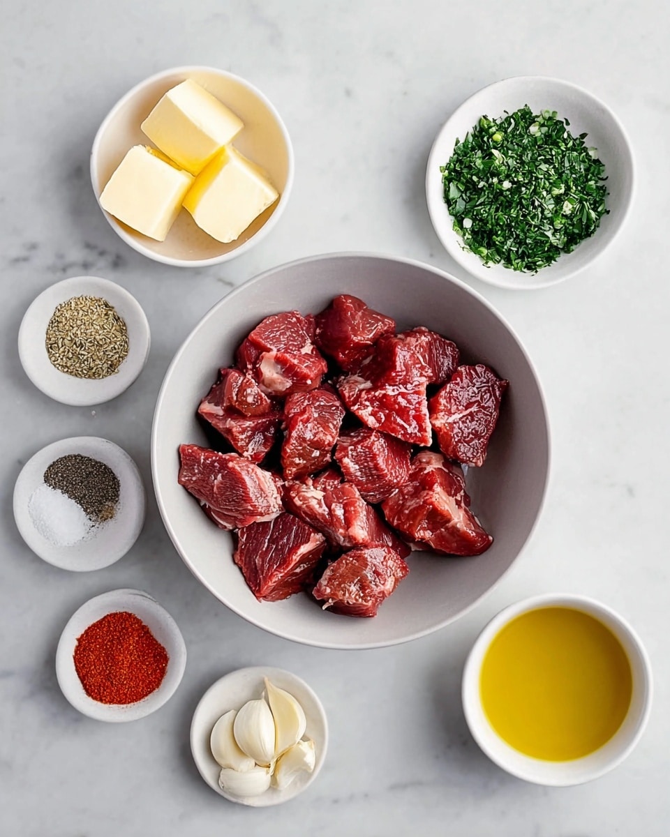 A white bowl filled with several pieces of dark red raw beef chunks sits in the center on a white marbled surface. Surrounding it are four small white bowls: the top left bowl holds pale yellow butter slices, the top right bowl contains bright green chopped herbs, the right middle bowl has minced garlic, and the bottom right bowl is filled with golden yellow oil. On the left side, a white bowl contains four piles of different spices in red, white, black, and light beige colors. Photo taken with an iphone --ar 4:5 --v 7