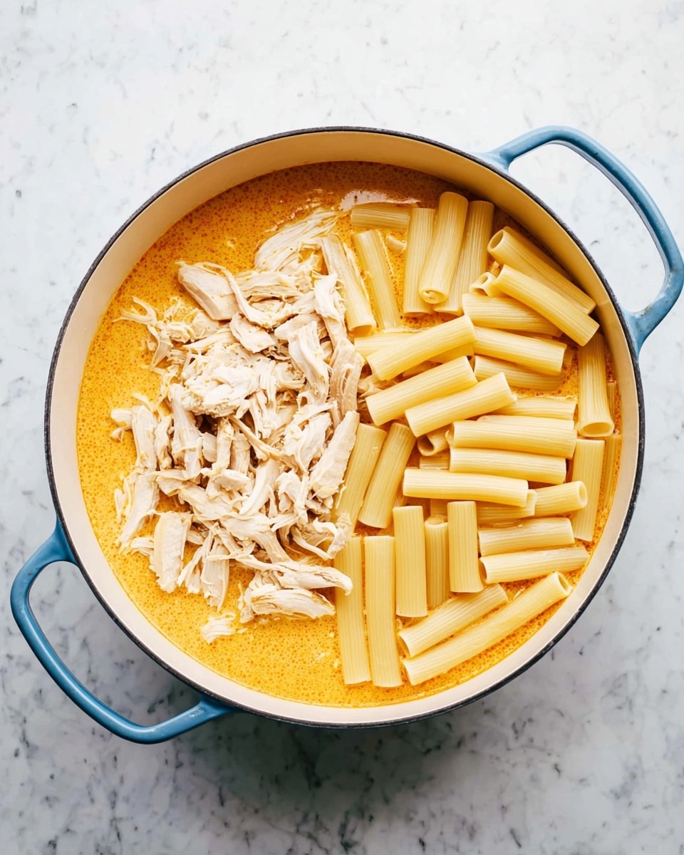 A white pot with two blue handles contains two main layers: a creamy orange sauce that fills the bottom and covers half of the pot and on top of the sauce, shredded light brown cooked chicken pieces positioned on the left side, next to evenly placed rigatoni pasta tubes that are light yellow and plain, filling the right half of the pot. The pot sits on a white marbled surface. photo taken with an iphone --ar 4:5 --v 7