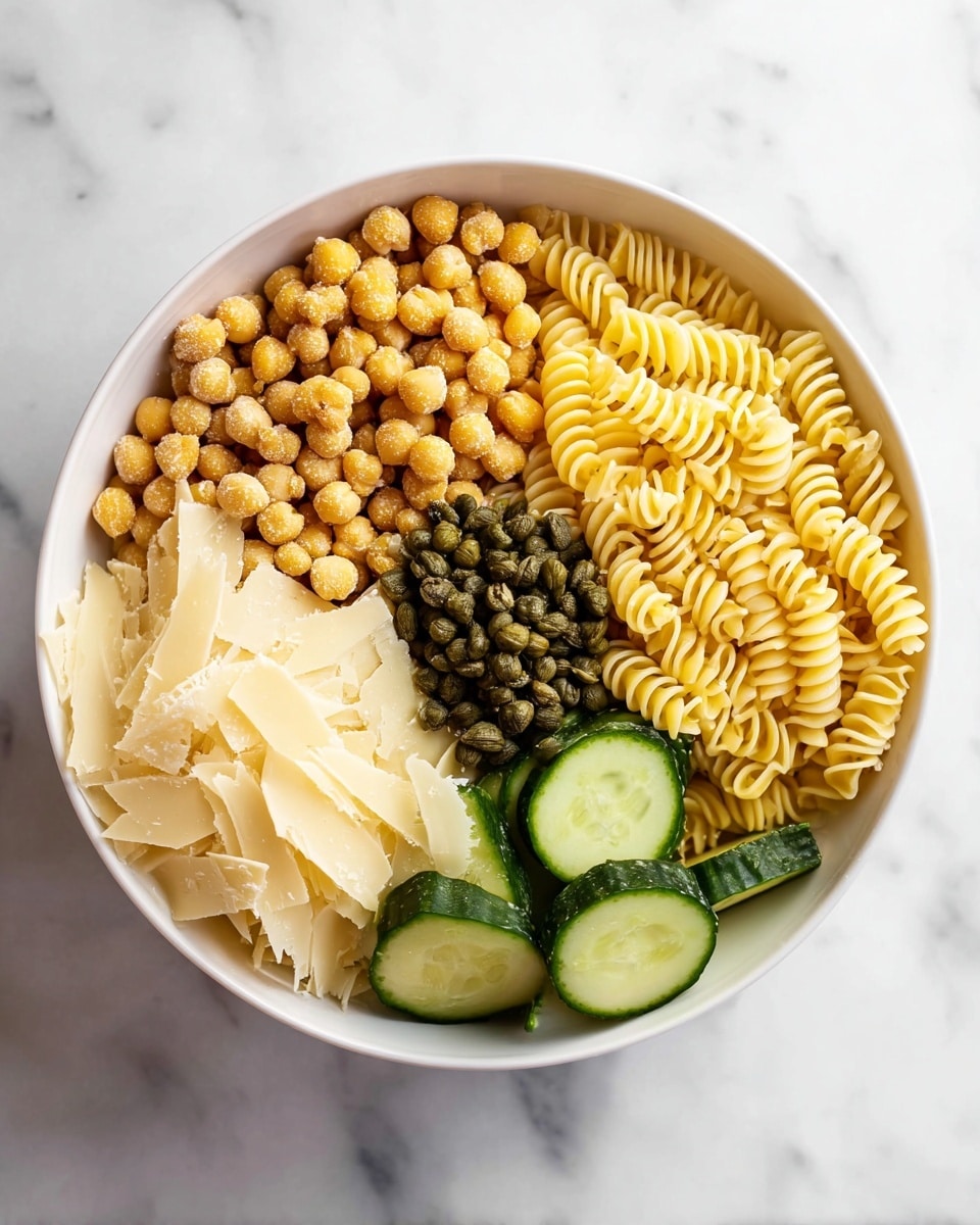 A white bowl on a white marbled surface holds a colorful dish with five distinct layers arranged side by side. Starting from the top left, there is a layer of small, round, golden chickpeas. Next to it on the top right, there is a layer of yellow spiral pasta with a smooth texture. In the middle center, a small pile of dark green capers adds a contrasting color and rough texture. Below the capers on the right, there are thick slices of fresh cucumber with green skin and pale interior. On the bottom left, a layer of pale yellow, thin cheese shavings completes the dish with a light, flaky texture. Photo taken with an iphone --ar 4:5 --v 7