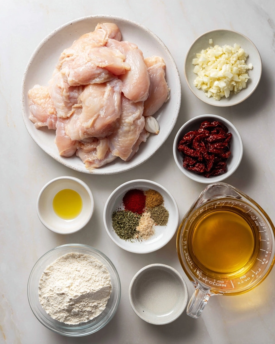 The image shows a white plate filled with several pieces of raw, pale pink chicken placed at the left side of the frame. To the right, there are five small white bowls arranged in a vertical line on a white marbled surface: the top bowl contains chopped white garlic, below it a bowl with light yellow oil, next a bowl holds a mix of spices including green herbs, red powder, black pepper, and white salt, then a bowl filled with dark red sun-dried tomatoes, and lower on the left, a small clear bowl of white grated cheese. At the bottom right, a clear glass measuring cup holds a golden broth. In front of that is a small clear bowl with a white powder, likely flour. The ingredients are neatly set on a clean, white marbled table. photo taken with an iphone --ar 4:5 --v 7