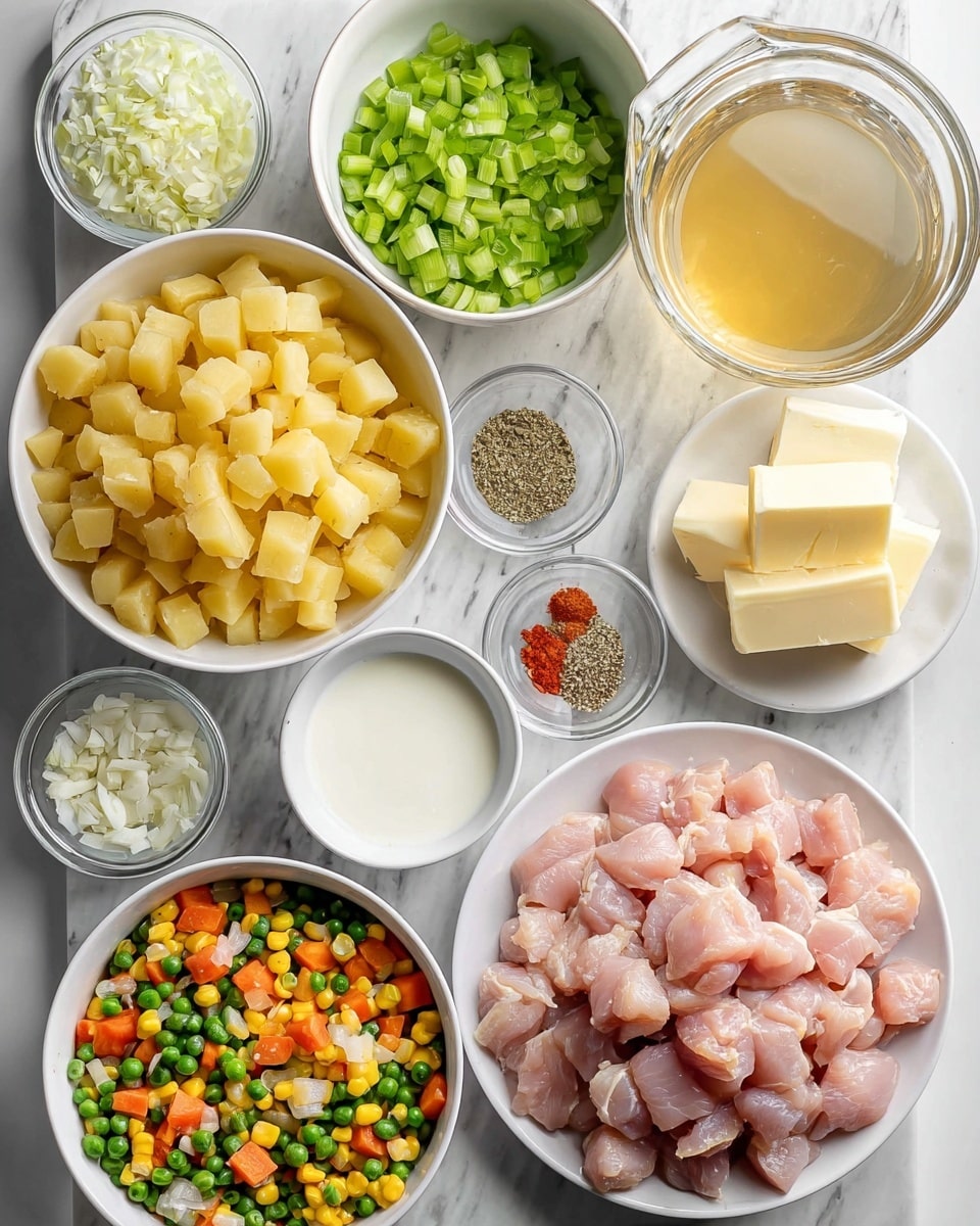 The image shows nine white bowls arranged on a white marbled surface, each containing different ingredients for cooking. At the center, there is a large bowl filled with small yellow potato cubes. Above it, a bowl has green chopped celery pieces. To the right, a clear glass container holds light golden liquid broth, and next to it is a small glass cup with white cream. Below the cream, another small white dish contains several thick, pale yellow butter slabs. On the bottom right, a large white plate is filled with pink, cubed raw chicken pieces. At the bottom left, a bowl holds a colorful frozen vegetable mix with green beans, corn, carrots, and peas. Above it, a tiny white bowl has minced garlic, and next to it, a small white plate displays a mix of white salt, black pepper, red paprika, and other spices. Finally, a medium bowl between the spices and potatoes contains finely chopped white onions. The picture is clear and bright, giving a fresh look to all ingredients, photo taken with an iphone --ar 4:5 --v 7