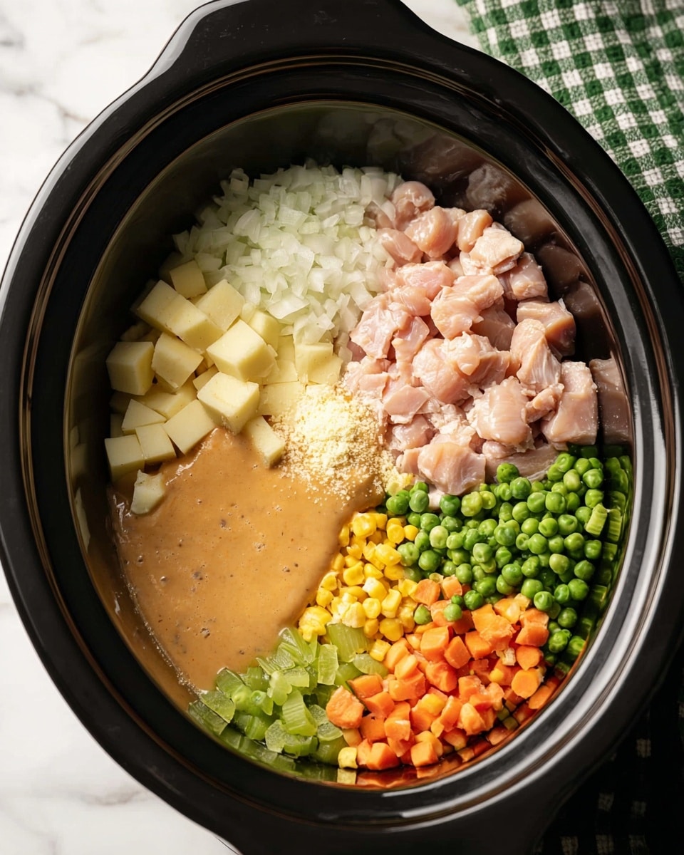Inside a black slow cooker, there are six main layers arranged separately but close together. One layer has small pale pink raw chicken pieces on the top right side. Next to it on the right is a pile of white chopped onions with a fine texture. Below the chicken and onions, a small mound of finely chopped garlic rests near the center. To the left of the garlic are small cubes of light yellow potatoes. On the far left side, there are chopped celery pieces that are bright green and crunchy in texture. Below the potatoes and garlic, towards the bottom right, there is a colorful mix of frozen peas, corn, and diced carrots. From the bottom left corner, a thick light orange sauce is poured in, slightly covering the potatoes and celery but not yet mixed in. The slow cooker is set on a white marbled surface with a green and white checked cloth in the top right corner visible. photo taken with an iphone --ar 4:5 --v 7