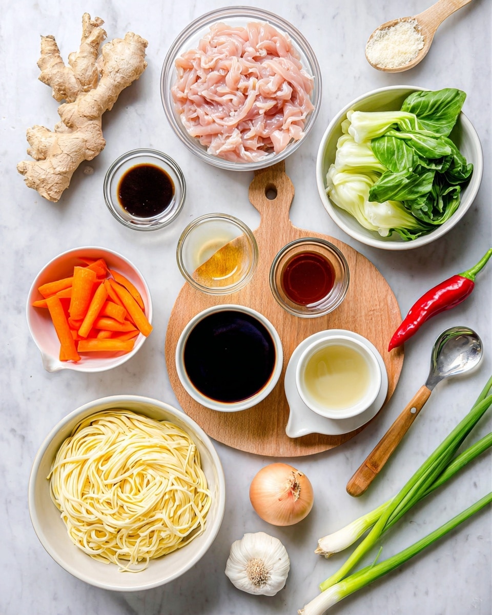The image shows several bowls and ingredients arranged neatly on a white marbled surface. In the center bottom, a white bowl holds thick, pale yellow noodles. To its left, a smaller white bowl contains bright orange carrot sticks. Above the carrots is a large piece of light brown ginger root. Next to the ginger, a clear glass bowl is filled with raw pink chicken strips. Above that, a white bowl contains fresh green leafy vegetables with some white vegetable pieces. To the right of these, a wooden board holds three small white bowls with different sauces: a dark brown thick sauce with a spoon, a black soy sauce, and a light clear oil. Nearby, there is a small glass bowl with another light liquid and a small white saucer with a pale brown liquid. A whole yellow onion and a bright red chili pepper are placed near the center. Below the wooden board, a garlic bulb is visible. On the far right, three green spring onions lie on the surface. A small wooden bowl with a spoon holds a white powdery ingredient near the top left. Everything is well spaced and arranged clearly. Photo taken with an iphone --ar 4:5 --v 7