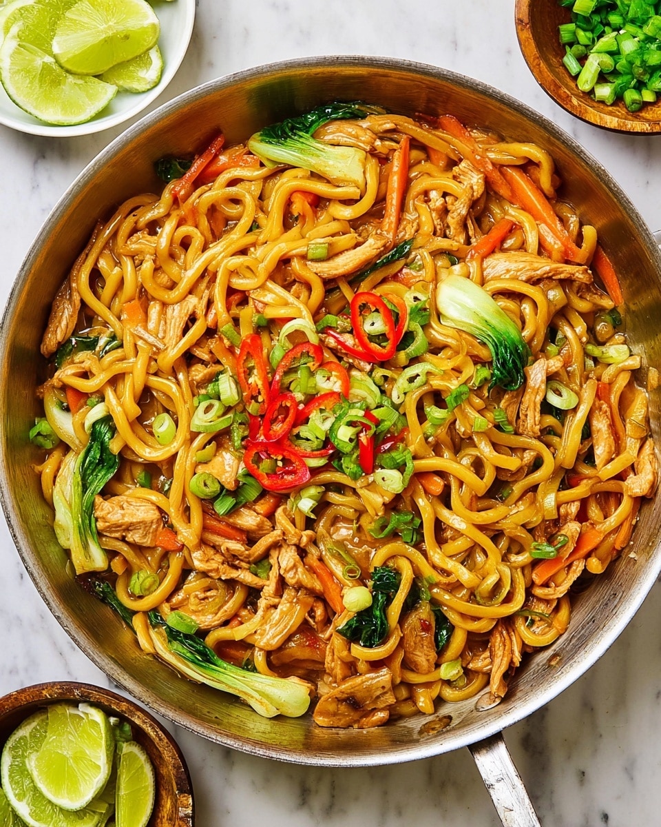 This image shows a close-up of a shiny metal pan filled with thick, yellowish-brown stir-fried noodles mixed with strips of cooked chicken and various vegetables. The noodles are glossy, twisted and piled evenly with orange carrot slices, green bok choy leaves, red chili rings, and chopped green onions scattered throughout. Around the pan, there is a white small bowl with thin lime slices and a wooden bowl with more chopped green onions, all set on a white marbled surface. The colors are warm and vibrant, with a mix of orange, green, red, and brown tones creating a fresh, tasty look. photo taken with an iphone --ar 4:5 --v 7
