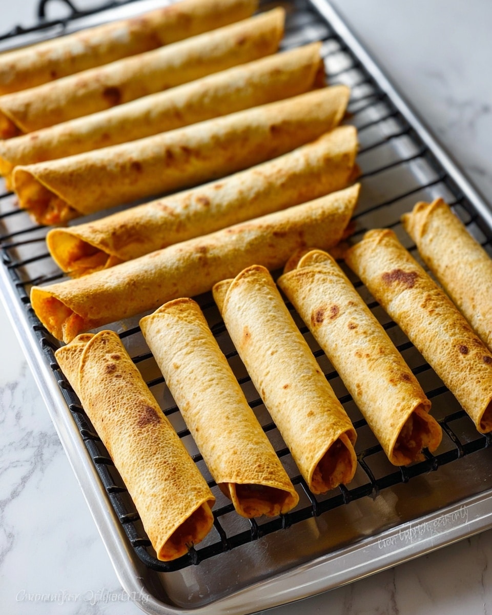 The image shows nine rolled, golden brown tacos laid on a black metal rack set on a silver baking tray. Each taco has a slightly crispy texture with some darker spots from baking. The tacos are evenly spaced across the rack, all similar in size and shape, with the open ends revealing a glimpse of the cooked filling inside. The baking tray sits on a white marbled surface, with soft natural light highlighting the warm, toasted tones of the tacos. photo taken with an iphone --ar 4:5 --v 7