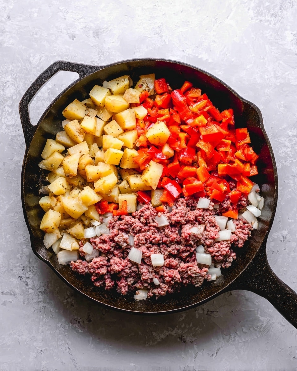 A black cast iron pan sits on a surface with white marbled texture, filled with three main groups of ingredients from edges toward the center. At the top left and center left, there are golden brown cooked potato cubes with a slightly crispy texture. On the far left and top right, bright red bell pepper pieces mixed with white diced onions add vibrant color. In the middle and extending toward the bottom center, there is a layer of raw ground beef, pinkish with a crumbly texture, mingled with a few scattered potato and pepper pieces. The pan has a handle on the right side. photo taken with an iphone --ar 4:5 --v 7