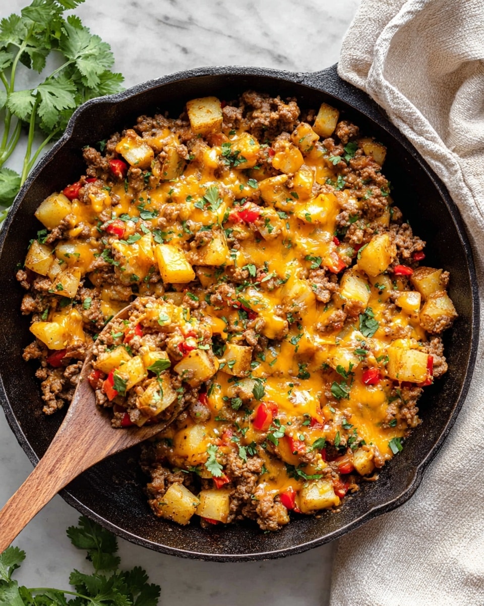 A black cast iron pan filled with cooked ground meat mixed with small cubed yellow potatoes and diced red bell peppers. The dish is topped with melted cheddar cheese spread unevenly in patches across the surface. Fresh green chopped herbs are sprinkled over the dish, adding a touch of color. A wooden spoon is lifting a portion from the left side of the pan. The pan rests on a white marbled surface, with a light beige cloth partially visible on the top right and fresh cilantro leaves on the top left and bottom right edges. Photo taken with an iphone --ar 4:5 --v 7