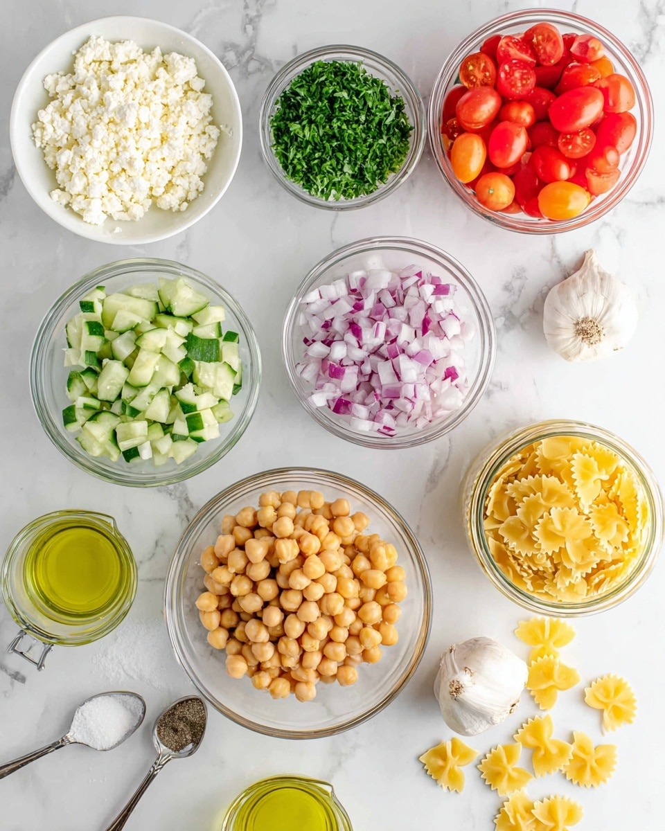 The image shows a top view of several glass and white bowls placed on a white marbled surface. From the top left, there is a white bowl filled with crumbled white cheese. Below it is a glass bowl with chopped green parsley, and under that, another glass bowl with chopped cucumber pieces. Centered towards the bottom is a larger glass bowl filled with light brown chickpeas. To the right of the chickpeas is a glass bowl holding diced red onions with white and purple layers. Above that is a glass bowl filled with halved bright red cherry tomatoes. Near the top right corner, there is a glass jar filled with uncooked yellow bow-tie pasta, with a few pieces scattered outside the jar. Between the onion bowl and parsley bowl is a small whole garlic bulb. At the bottom left, there are two small glass measuring cups with clear green liquid and light yellow liquid, and next to them is a metal teaspoon with salt. The overall look is clean with vibrant colors from the fresh ingredients, all on the smooth white marbled texture photo taken with an iphone --ar 4:5 --v 7