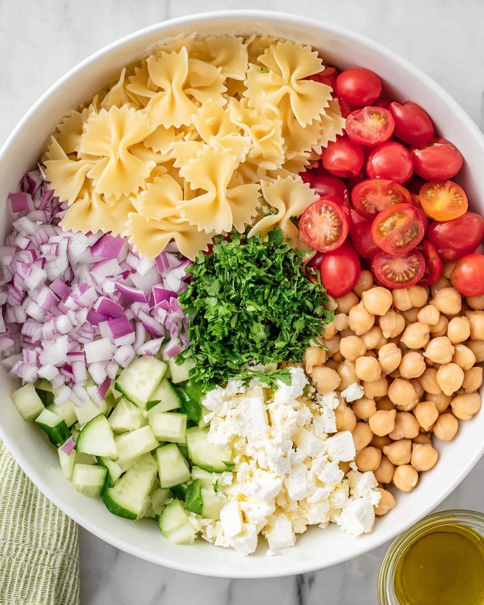 A white bowl filled with seven neat layers of ingredients arranged side by side: top left has finely chopped purple onions, next to it are pale yellow bow-tie pasta, followed by bright red halved cherry tomatoes; below the onions are light beige chickpeas, then a white crumbly cheese, next to it are pale green diced cucumbers, and in the middle sits a small mound of fresh chopped green parsley. The bowl is resting on a white marbled surface with a small glass of dressing nearby. photo taken with an iphone --ar 4:5 --v 7