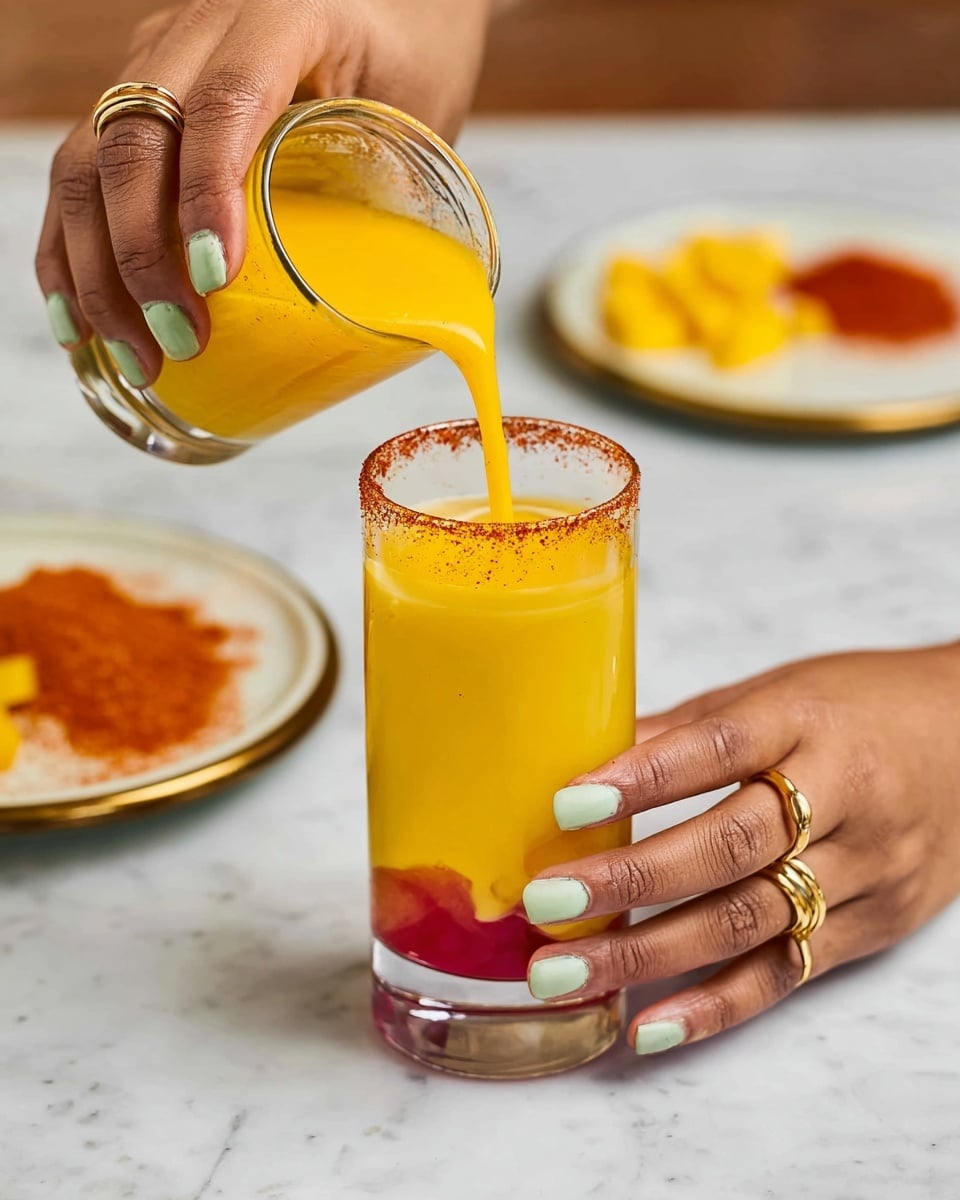 A clear tall glass with a reddish spice rim is held by a woman's hand with light green nail polish and gold rings; inside the glass, thick bright yellow-orange juice is being poured from above, mixing with a layer of red sauce at the bottom, creating swirls of red and yellow inside the glass. The glass sits on a white marbled surface with blurred plates in the background holding orange spices, red sauce, and yellow mango chunks. The photo taken with an iphone --ar 4:5 --v 7