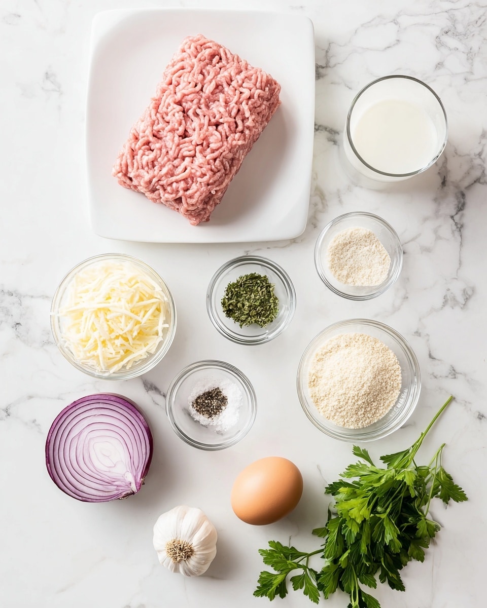 The image shows raw ingredients carefully placed on a white marbled surface. In the top center, there is a rectangular block of pink ground meat on a white plate. Below and around it are small clear glass bowls with different ingredients: white milk, light beige breadcrumbs, pale yellow shredded cheese, and green dried herbs. A tiny bowl with salt and black pepper is in the middle. To the lower left of the ingredients, there is a half purple onion with white rings inside, and next to it, a brown egg. On the bottom right, there is a clove of garlic and a small bunch of fresh green parsley leaves. The composition is clean and bright, showing each item clearly. Photo taken with an iphone --ar 4:5 --v 7