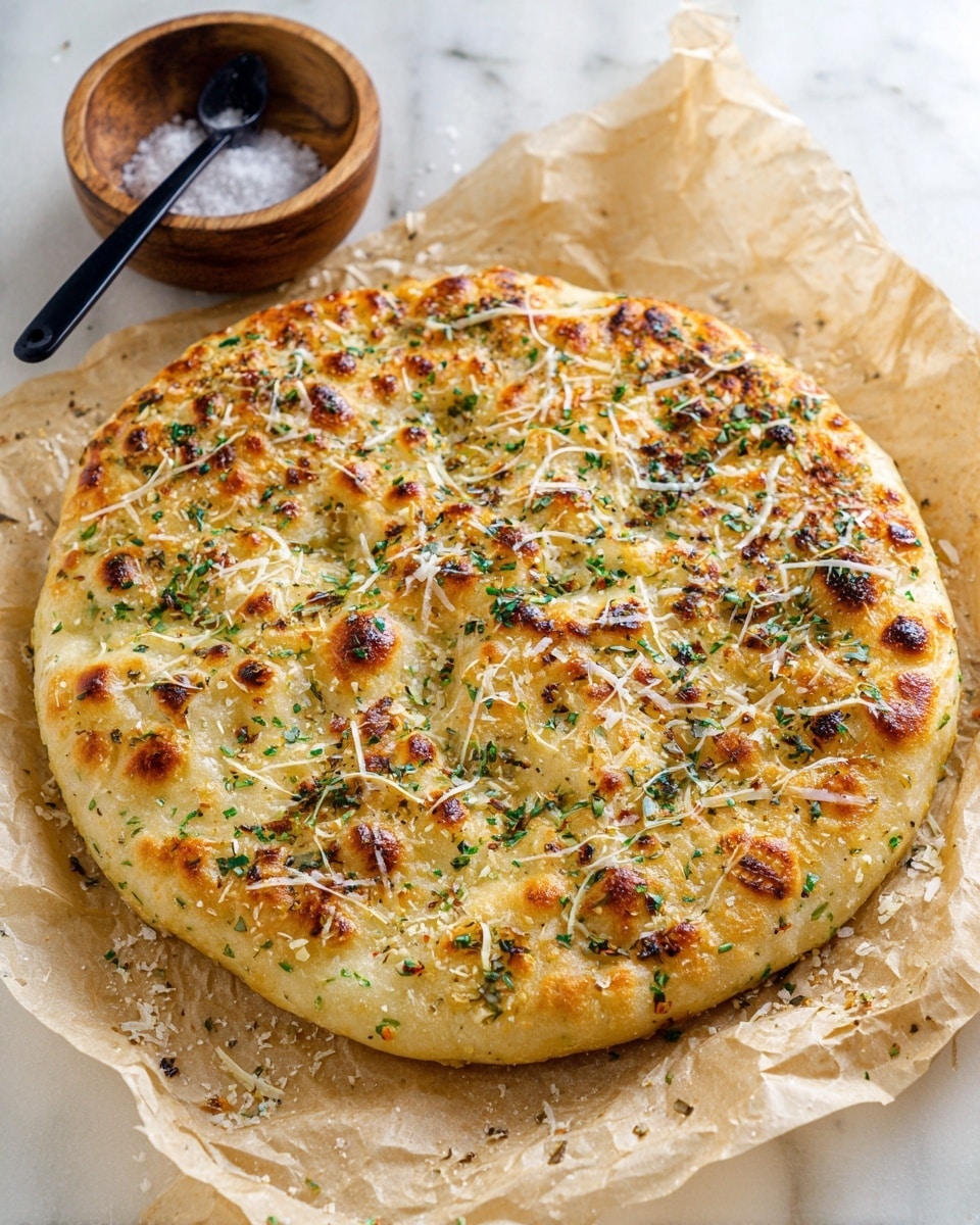 A round flatbread with a golden-brown top covered in small dimples, sprinkled with green herbs and small bits of browned garlic, and light shreds of white cheese scattered over it. The flatbread sits on crumpled light brown parchment paper, placed on a white marbled surface. In the background, there is a small wooden bowl with coarse salt and a black measuring spoon. Photo taken with an iphone --ar 4:5 --v 7