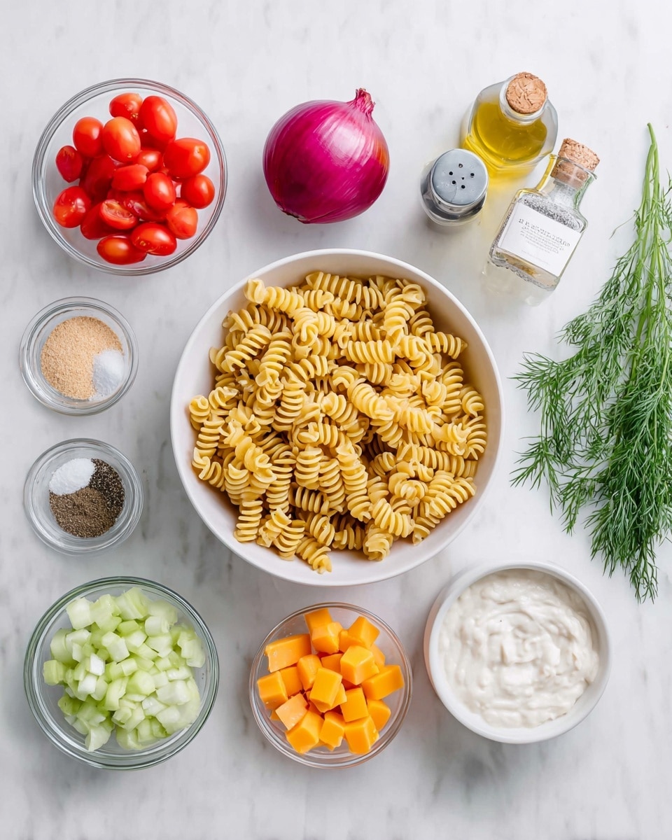 The image shows ingredients for a pasta salad laid out on a white marbled surface. At the center is a white bowl full of uncooked yellow rotini pasta, surrounded by smaller bowls and items: chopped red cherry tomatoes in a clear bowl to the left, a whole red onion nearby, a bottle of ground black pepper below, a small bowl of light tan powder, a bowl with clear liquid, a glass jar of salt, a glass bowl of diced green pickles, a clear bowl with small orange cheese cubes, two white bowls with creamy white sauces, and fresh green dill sprigs on the far right. All items are evenly spaced and neatly arranged. photo taken with an iphone --ar 4:5 --v 7