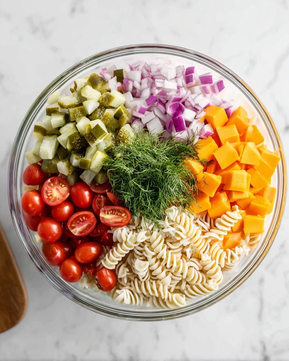 A clear glass bowl filled with a layered pasta salad sits on a white marbled surface. The salad has six main sections on top: cherry tomatoes cut in half with a shiny red color; diced red onions with a light purple and white texture; small chunks of green pickles; a bunch of fresh, green dill in the center; bright orange cubed cheese; and white spiral pasta that forms the base layer, visible beneath the other ingredients. The bowl is viewed from above, showing the bright and fresh colors clearly. Photo taken with an iphone --ar 4:5 --v 7