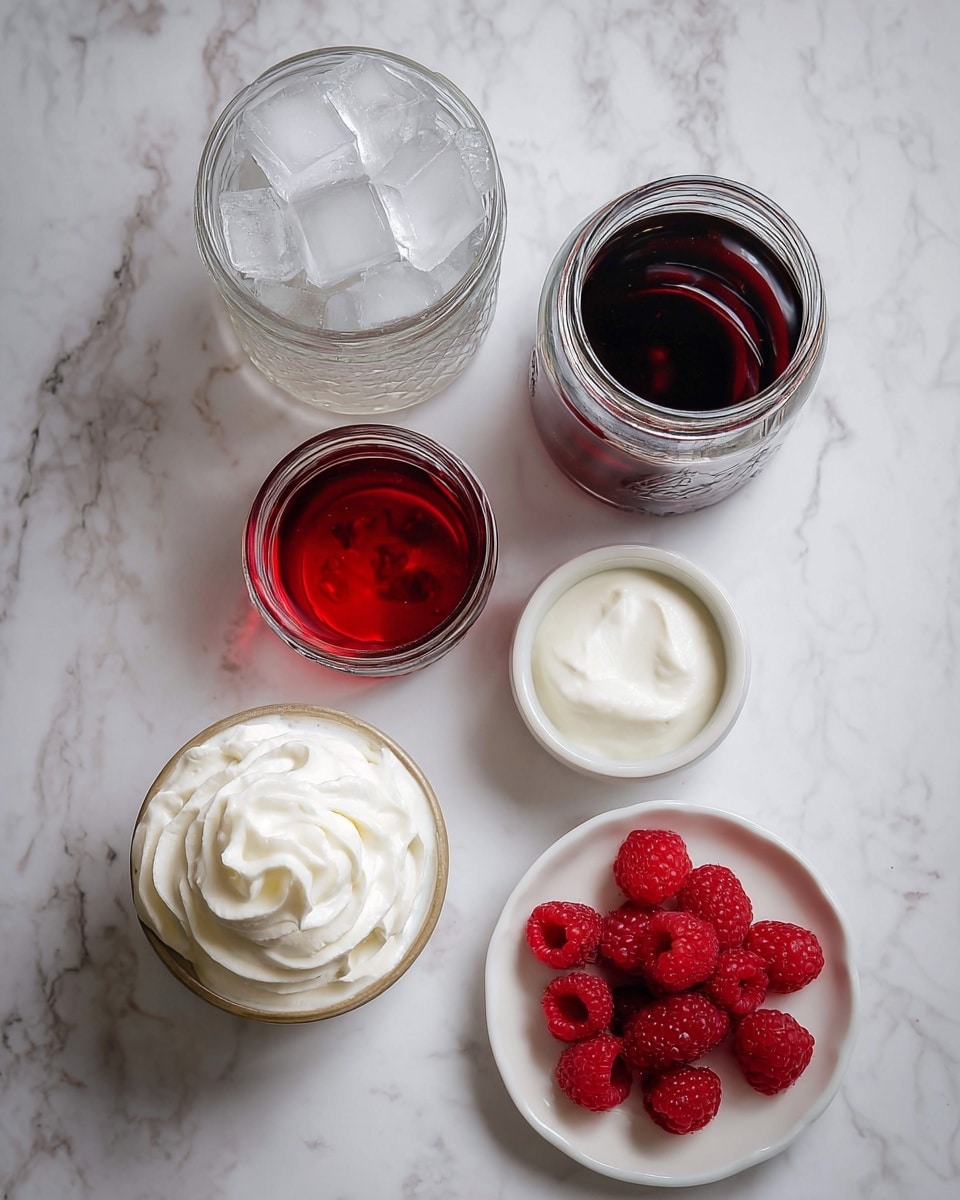 The image shows six containers placed on a white marbled surface. At the top left is a glass jar full of clear ice cubes. To its right is a taller jar filled with dark red syrup. Below the ice jar, there is a smaller glass jar filled with bright red liquid. Next to it is a small white bowl holding a dollop of thick white cream. At the bottom left, a glass container is filled with whipped cream in soft white swirls. On the bottom right, a white plate holds several bright red fresh raspberries arranged in a small pile. The scene is clean and simple. photo taken with an iphone --ar 4:5 --v 7