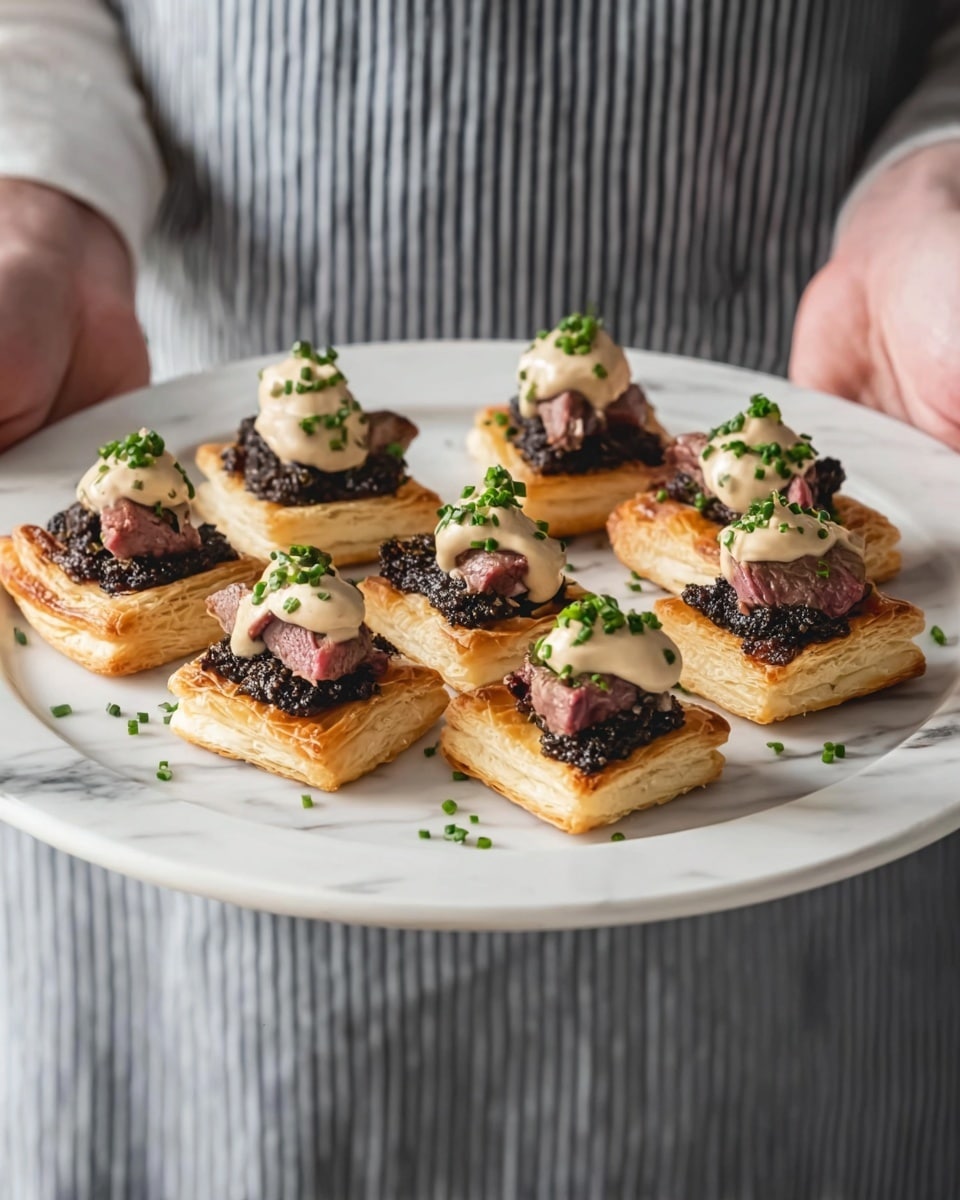 A white plate with eight square puff pastry pieces that are golden and flaky. On top of each puff pastry is a dark textured layer, likely a tapenade or similar spread. Then there is a small piece of pinkish cooked meat on each, topped with a dollop of creamy light beige sauce and sprinkled with finely chopped green herbs. A woman's hands hold the plate, and the background shows a white marbled surface with the woman's gray and white striped apron visible. photo taken with an iphone --ar 4:5 --v 7