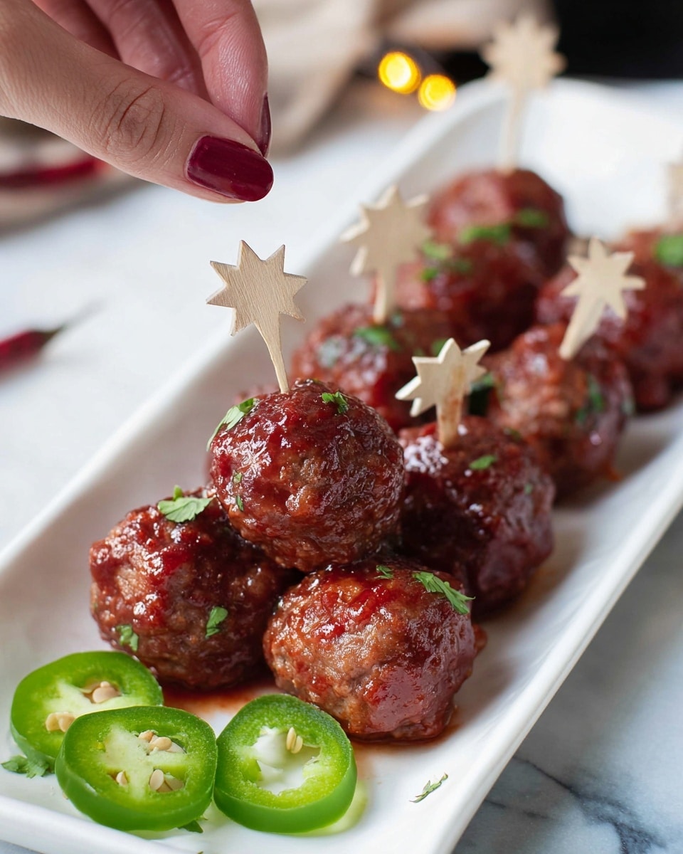 The image shows a white rectangular dish filled with several round meatballs coated in a glossy reddish sauce, each meatball pierced with a small wooden skewer topped with a star shape. The meatballs are deep brown with a shiny texture, speckled with small green herb leaves. At the front of the plate, a few slices of light green jalapeño pepper add color contrast. A woman's hand with nails painted in dark red is holding one skewer with two meatballs above the plate. The surface underneath the dish is a white marbled texture. photo taken with an iphone --ar 4:5 --v 7