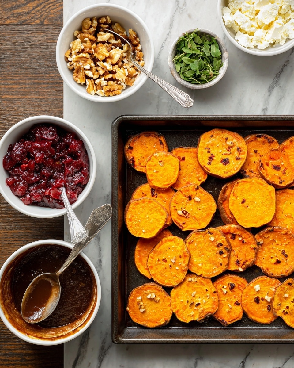 The image shows a dark rectangular tray filled with two layers of bright orange roasted sweet potato slices, each slice showing slight browning and crisp edges with a soft texture. Surrounding the tray are five white bowls: one with chopped toasted nuts that are golden brown with darker bits on the top left, one with thick dark brown sauce and a silver spoon inside on the bottom left, one with a bright red chunky sauce with visible fruit pieces and a silver spoon on the top right, one with small fresh green herb leaves in the middle, and one with crumbled white cheese showing a rough texture on the bottom. All items rest on a white marbled surface, and the image is clear and well-lit, photo taken with an iphone --ar 4:5 --v 7