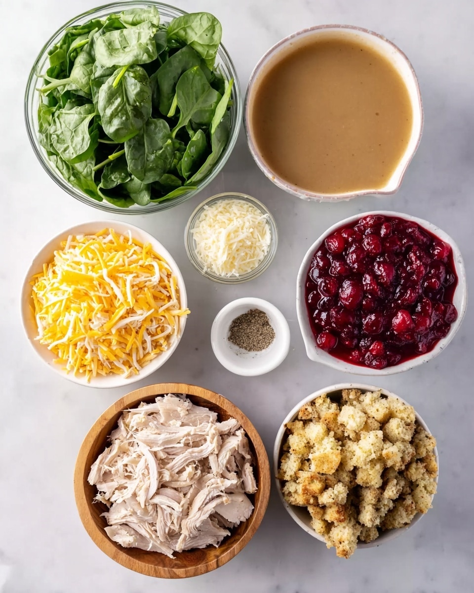 The image shows seven white bowls arranged on a white marbled surface, each filled with different food ingredients. At the bottom center is a bowl full of shredded light Beige chicken. Above the chicken to the left is a small bowl with a beige powdery ingredient next to a tiny bowl with ground black pepper. Directly above these is a bowl with fresh, bright green spinach leaves. Next to the spinach on the right is a bowl filled with smooth, brown gravy. Below the gravy is a bowl containing a mix of shredded white and yellow cheeses. To the right of the cheese is a bowl with chunky, golden-brown stuffing. At the top center, above the spinach and gravy, is a bowl of thick, deep red cranberry sauce. photo taken with an iphone --ar 4:5 --v 7