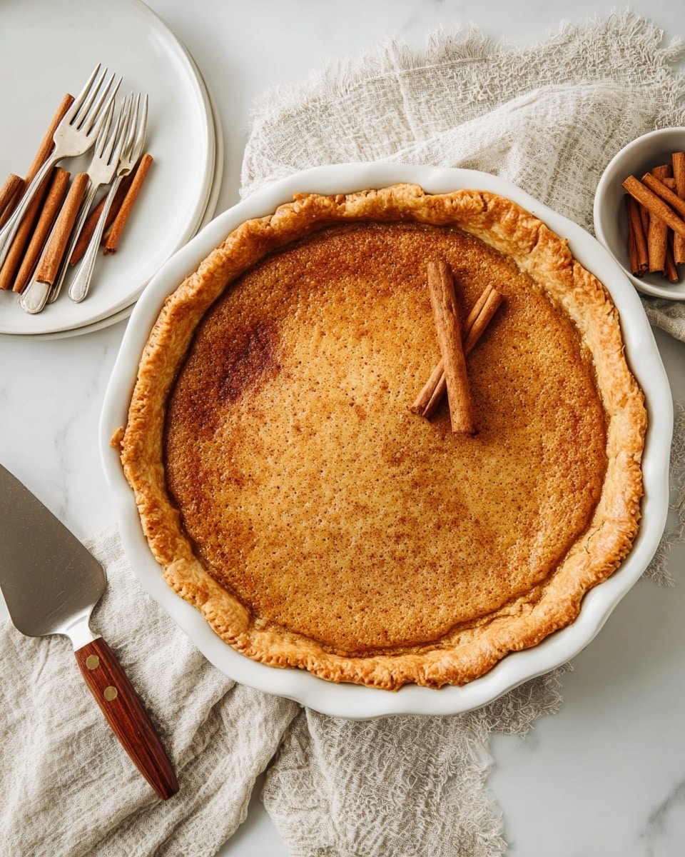 A single-layer pie with a golden-brown crust that is slightly raised and crimped around the edges, baked evenly with a smooth, slightly textured surface showing subtle darker brown spots. Two cinnamon sticks are placed neatly crossed on top near the center. The pie sits in a white pie dish on a white marbled surface, with a light beige textured cloth partially under the dish. Nearby, a white plate holds three silver forks, and a small white bowl contains several cinnamon sticks. A pie server with a brown wooden handle is beside the dish. Photo taken with an iphone --ar 4:5 --v 7