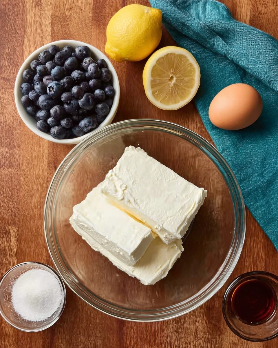 A glass bowl holds two thick, off-white blocks of cream cheese with a soft, smooth texture, placed in the center on a wooden brown surface. To the left is a white bowl filled with dark blue, plump blueberries, next to two bright yellow lemon halves, one standing cut side up showing its juicy inside and one whole. To the right of the cream cheese bowl is a single brown egg placed on the wooden surface, with a small glass cup of dark amber liquid above it near a folded teal cloth. Below the egg, a small clear bowl contains white granulated sugar. The overall setup is neat and ready for mixing ingredients. photo taken with an iphone --ar 4:5 --v 7