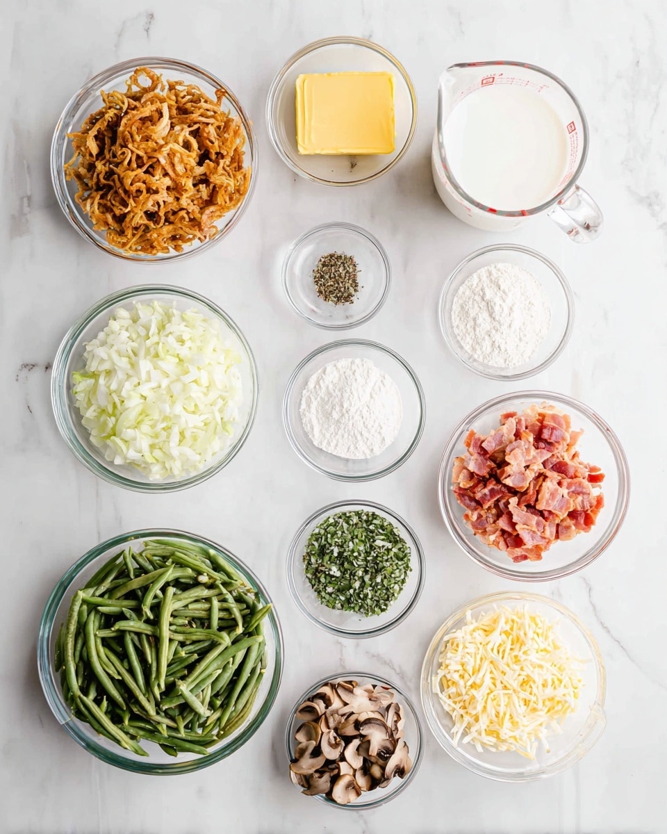The image shows clear glass bowls and a clear measuring cup arranged on a white marbled surface, each holding different ingredients. Starting from the top left, a bowl is filled with crunchy fried onions, next to it a smaller bowl holds a square of yellow butter, and above those is a large measuring cup filled with white milk. Below the butter, a small bowl contains minced garlic, next to it a bowl with cracked black and white pepper, and beside pepper is a bowl filled with finely chopped white onions. Below the garlic is a bowl with green herbs, next to it a bowl of white flour, and to the right of the flour, a bowl contains small pieces of raw bacon. In the bottom left, a large bowl is filled with cut green beans, to its right a smaller bowl holds shredded white cheese, and beside the cheese is a bowl of chopped brown mushrooms. The colors are natural and fresh with a neat arrangement, and the lighting is bright and even, highlighting the texture in each ingredient. photo taken with an iphone --ar 4:5 --v 7