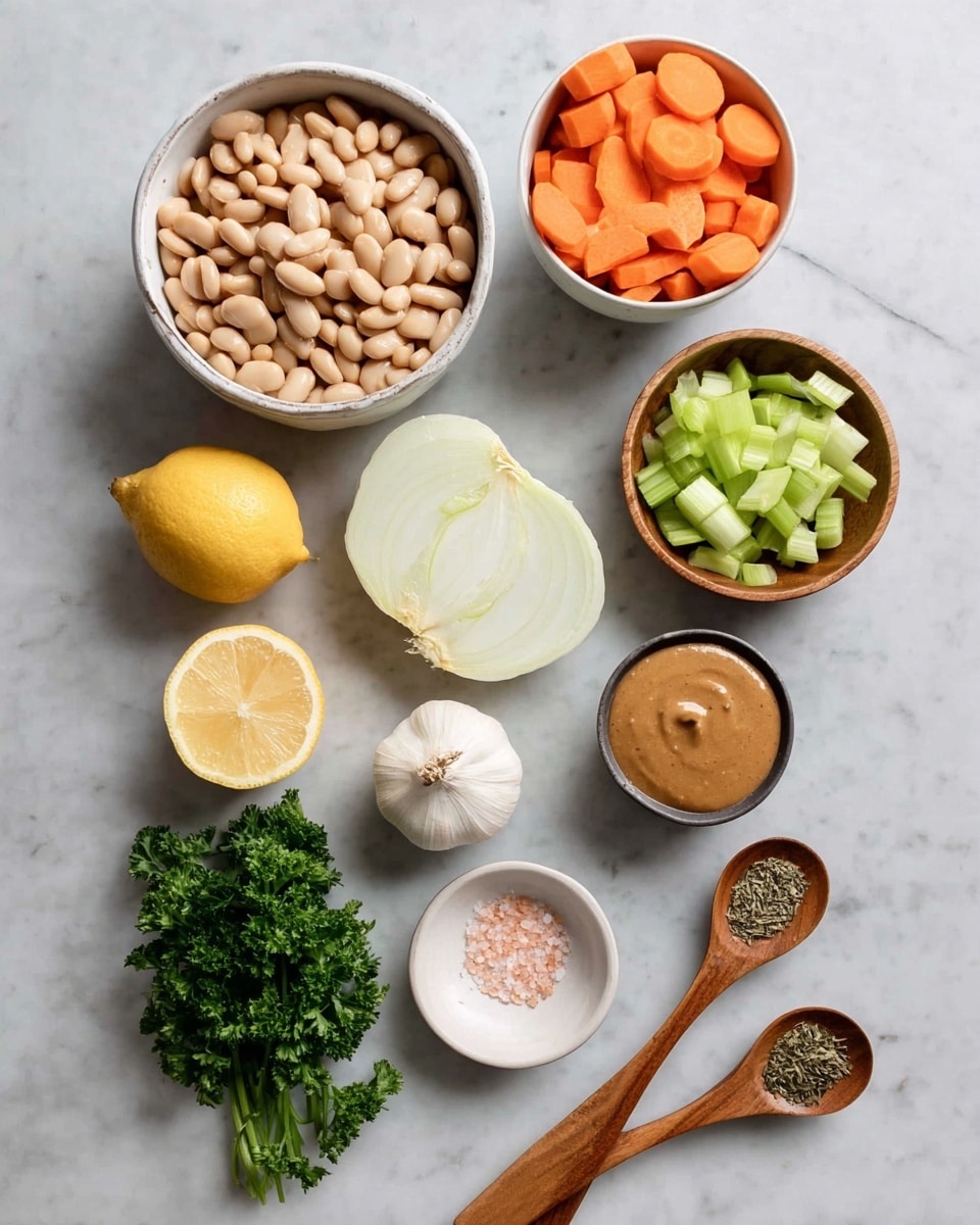 The image shows different cooking ingredients laid out on a white marbled surface. At the top left, there is a white bowl full of light brown beans. To the right of it, there is a white bowl with bright orange carrot slices, and next to that, a small wooden bowl with light green chopped celery. Below these, two halves of a white onion are placed side by side with visible layers. To the left of the onions, there is a whole yellow lemon and two lemon halves showing their fresh yellow inside. A whole garlic bulb sits to the right of the onions, while a small bunch of fresh green parsley is below it. There's a white small plate with pink salt and black pepper. Four wooden spoons lie horizontally nearby: the biggest one at the center holds a smooth, creamy brown paste, the next two smaller spoons have green dried herbs, and the smallest spoon at the bottom has dark brown sauce. photo taken with an iphone --ar 4:5 --v 7