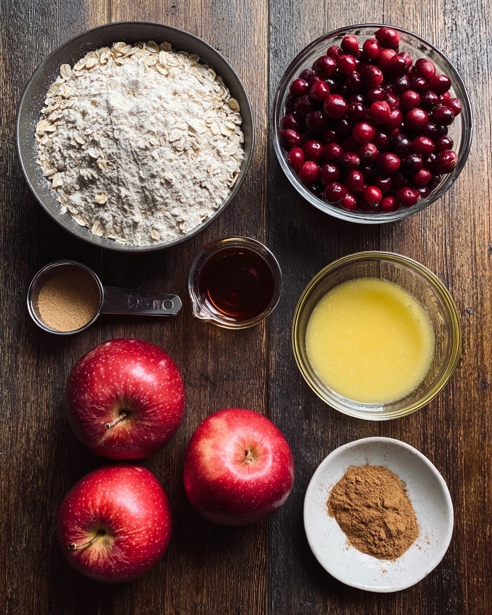 Three red apples with a shiny, smooth skin sit on a dark wooden surface next to a measuring cup filled with deep red cranberries. There is a small glass bowl with a dark brown liquid, and another measuring cup filled with light brown sugar. A white bowl holds a mix of rolled oats and white flour. Next to this is a transparent glass bowl filled with yellow melted butter. In the bottom right corner, a small white plate contains a small pile of brown cinnamon powder. The photo is taken with an iphone --ar 4:5 --v 7