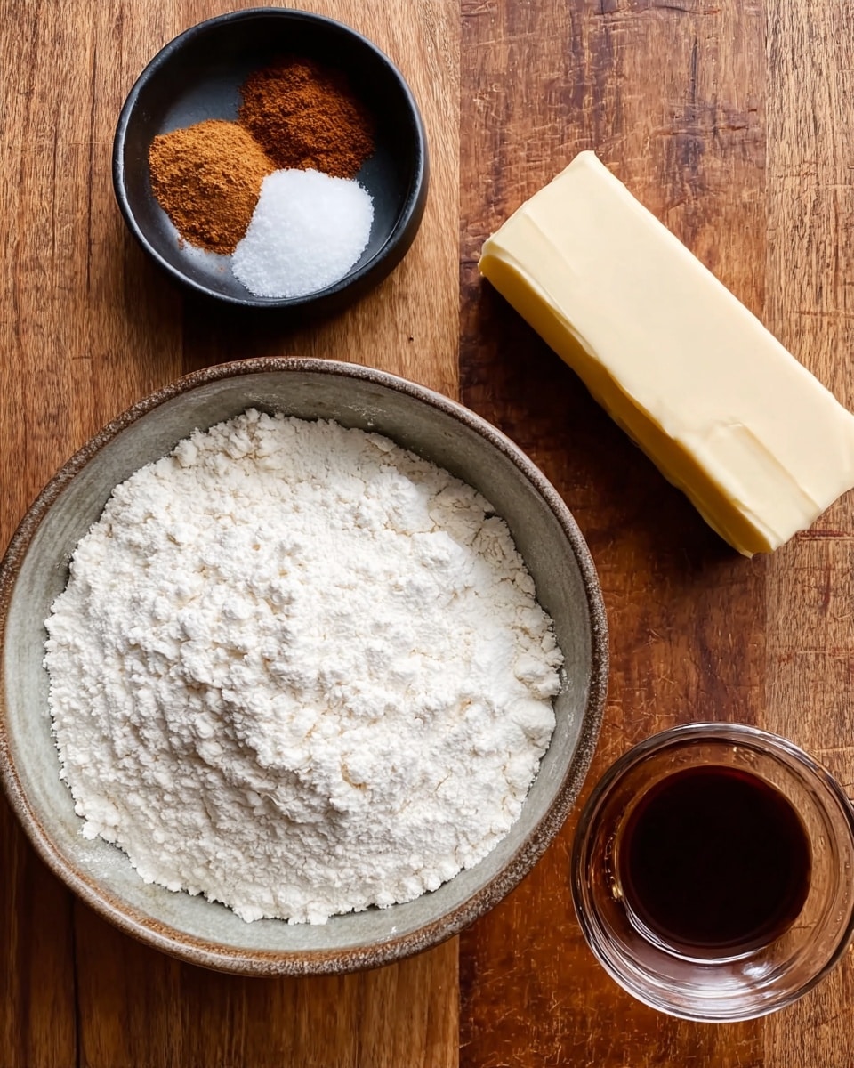 The image shows a setup of baking ingredients on a wooden surface. There is a large ceramic bowl filled with white flour at the bottom center. To the top left, a small black bowl holds white sugar and brown cinnamon powder side by side. On the top right, there is a rectangular stick of butter with a smooth, pale yellow color. To the bottom right, a small clear glass bowl contains a dark brown liquid, likely vanilla extract. All items are placed directly on the wooden surface. photo taken with an iphone --ar 4:5 --v 7