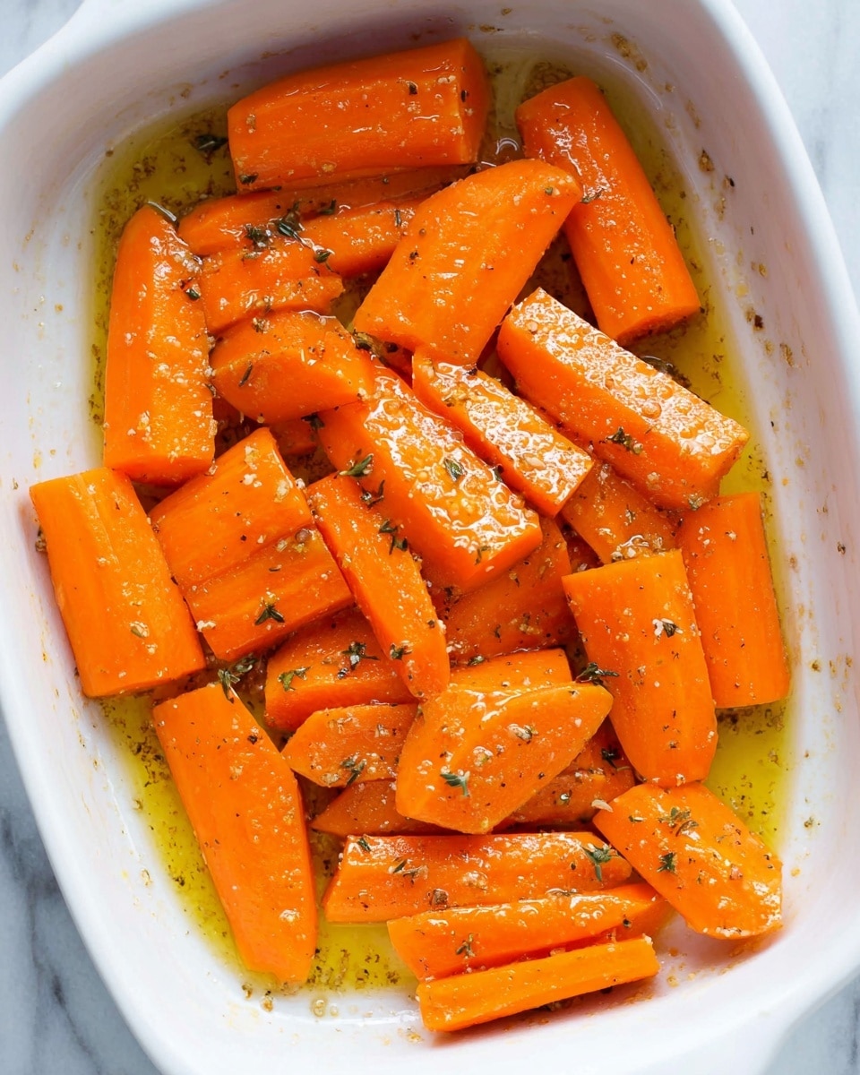 The image shows a single layer of bright orange carrot pieces placed inside a white baking dish. The carrots are cut into thick, rectangular chunks and coated in a shiny glaze made of oil and herbs, giving them a slightly wet and glossy texture. The glaze has small bits of seasoning and herbs, like black pepper and thyme, scattered across both the carrots and the bottom of the dish. The background is a white marbled texture. photo taken with an iphone --ar 4:5 --v 7