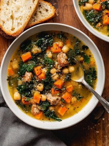 Hearty Italian Sausage Soup with Chickpeas, Kale, and Parmigiano Recipe