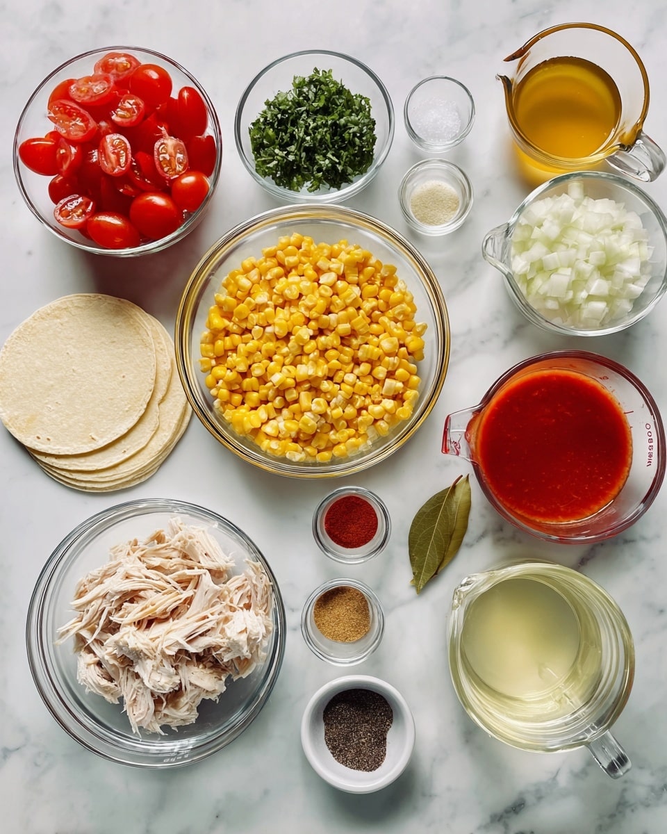 The image shows several small clear glass bowls and two clear measuring cups arranged on a white marbled surface. The ingredients include bright yellow corn kernels in a medium bowl, shredded light beige chicken in a smaller bowl, white chopped onions, and a small bowl of chopped green herbs. There are whole peeled red tomatoes in a medium bowl and a bright red sauce in another bowl. Two measuring cups hold clear water and light yellow broth. There are small bowls with black and red spices, minced white garlic, white salt, chopped green peppers in liquid, and a single green bay leaf in a clear bowl. Four white corn tortillas are stacked on the left side. The colors are bright and natural, with a clean, fresh look. photo taken with an iphone --ar 4:5 --v 7