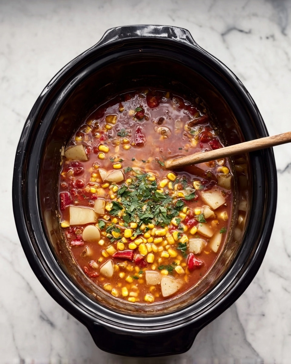 A black slow cooker filled with a layered soup showing a red broth base with visible chunks of white potatoes, yellow corn kernels, chopped green herbs near the center, and sliced red peppers scattered throughout. A wooden spoon with a light-colored handle rests inside the cooker, partly dipping into the soup. The slow cooker sits on a white marbled surface with light gray veins. photo taken with an iphone --ar 4:5 --v 7