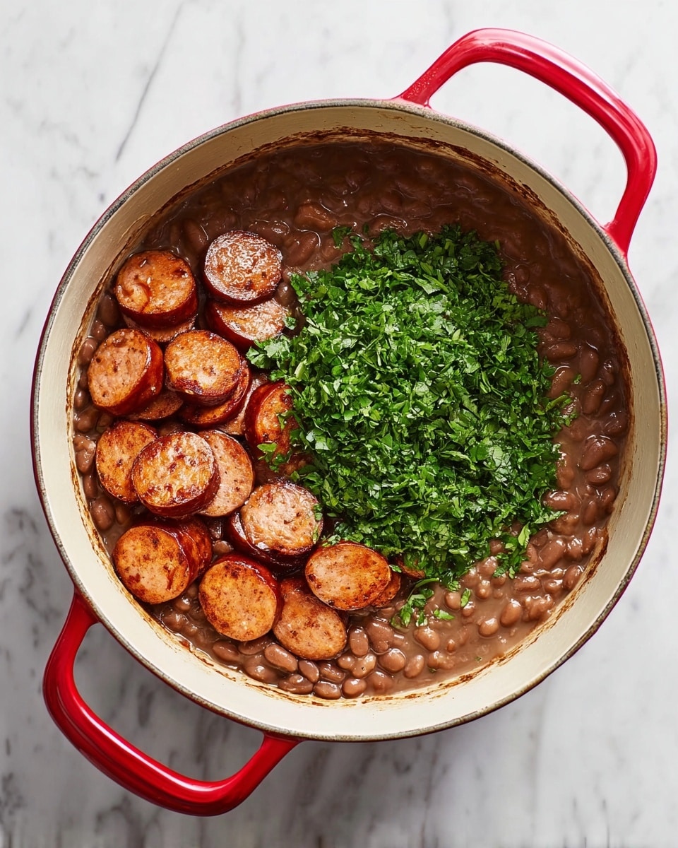 A white pot with red handles sits on a white marbled surface, filled with thick brown beans in a stew-like texture that covers the bottom and sides inside the pot. On top of the beans are two main layers: to the left, round slices of browned sausage with a shiny, slightly oily surface, arranged in a small pile; to the right, a mound of finely chopped fresh green herbs with a leafy texture. The colors show a contrast between the rich brown base, the shiny brown sausages, and the bright green herbs. photo taken with an iphone --ar 4:5 --v 7