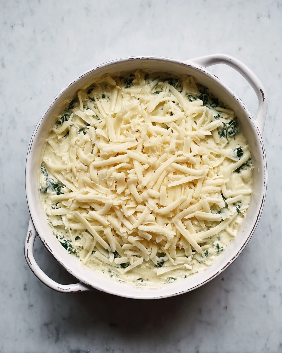 A round white dish with two handles holds a layered casserole. The bottom layer is creamy, mixed with green leafy spinach pieces visible throughout. On top, there is an even layer of shredded pale yellow cheese spread across the surface. The dish sits on a white marbled texture surface, shown from above. photo taken with an iphone --ar 4:5 --v 7
