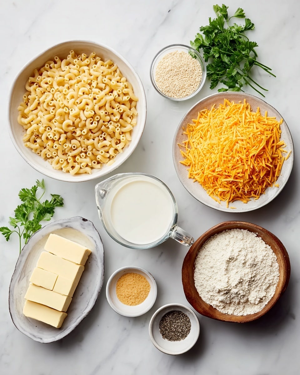 The image shows several bowls and a measuring jug arranged on a white marbled surface, each holding a different ingredient for cooking. There is a large white bowl filled with uncooked elbow macaroni, another white bowl full of shredded orange cheddar cheese, and a clear measuring jug filled with white milk. A small white dish holds light-colored breadcrumbs, and another small white bowl contains pale flour. A white plate holds three sticks of pale yellow butter. Two small white bowls contain fine powders, one light yellow and the other a beige color. A wooden bowl contains cracked black pepper, and a gray bowl holds white salt. Fresh green parsley leaves are placed near the bowls to the side. The scene is bright and neatly arranged: photo taken with an iphone --ar 4:5 --v 7