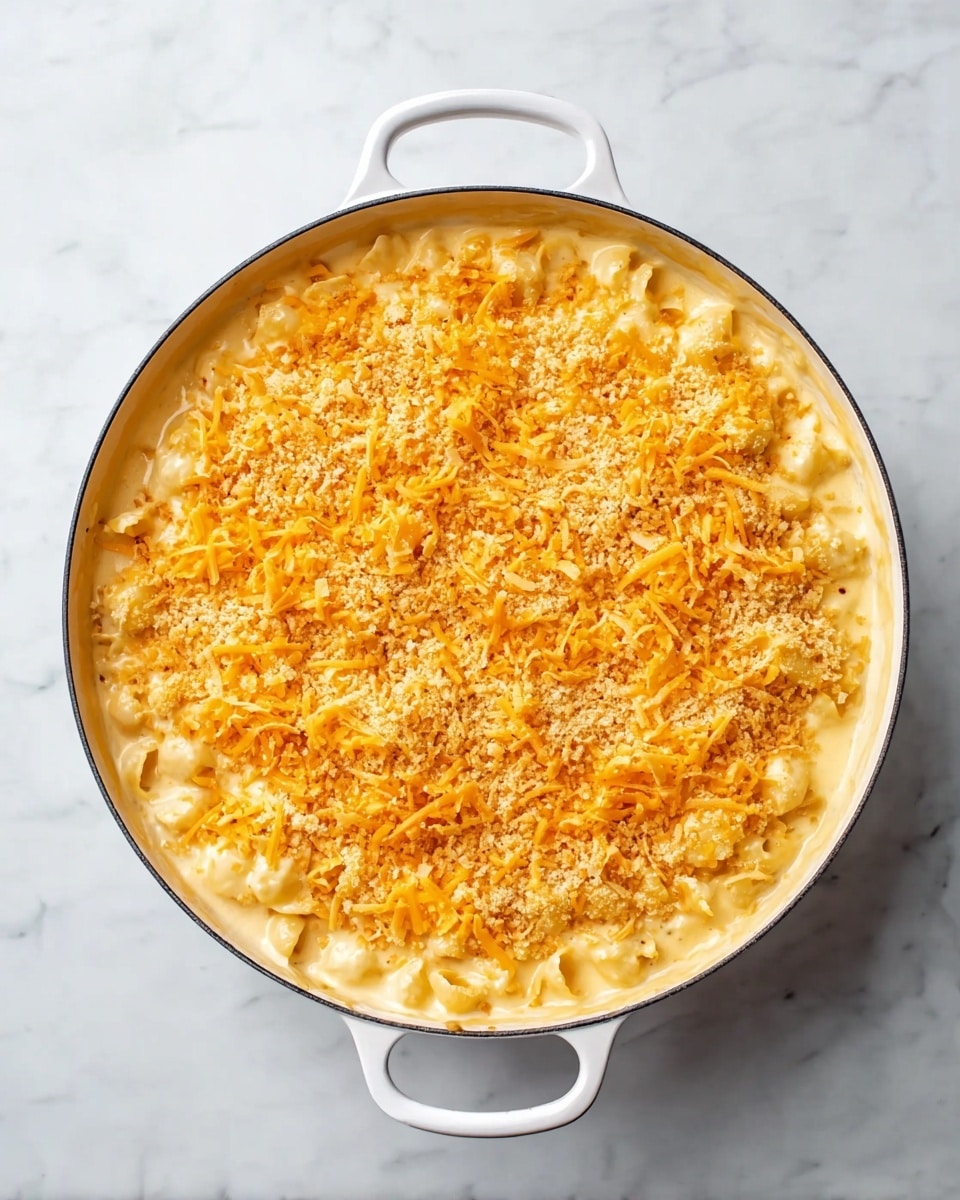A round white pot with two handles holds a creamy mac and cheese dish. The top layer is mixed with clusters of shredded bright orange cheddar cheese and scattered light golden breadcrumb pieces. Underneath the toppings, there is a thick, smooth pale yellow cheese sauce coating the pasta, with soft chunks of macaroni barely visible. The pot sits on a white marbled surface. Photo taken with an iphone --ar 4:5 --v 7