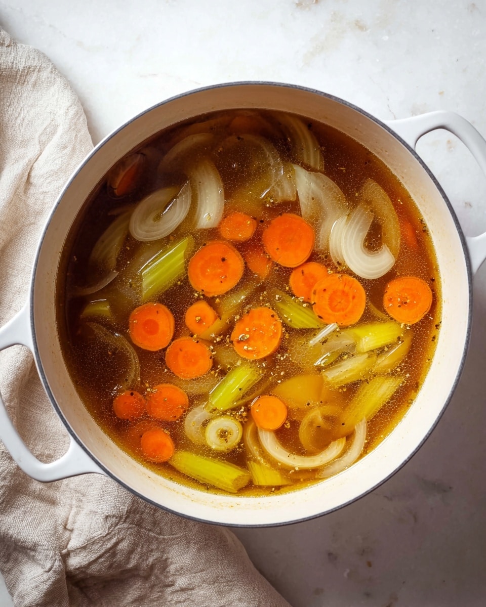 A white pot filled with clear broth soup containing several layers of vegetables: bright orange carrot slices are scattered on top, mixed with pale yellow onion slices that are thin and slightly translucent, and light green celery pieces with a curved shape. The broth is warm brown and slightly oily, with some visible spices floating. The pot is placed on a white marbled surface and a beige cloth is nearby. photo taken with an iphone --ar 4:5 --v 7