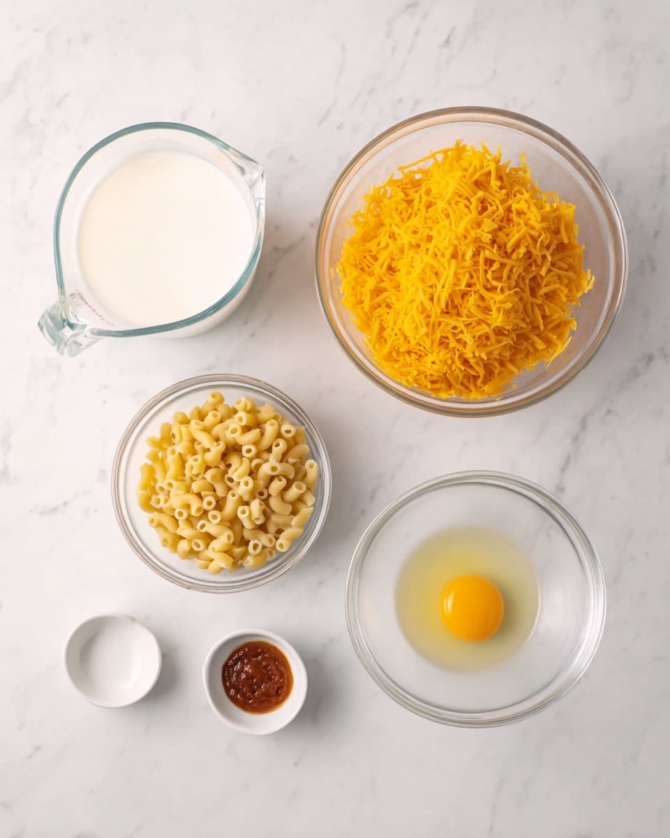 The image shows six containers arranged on a white marbled surface. The top row has a clear glass measuring cup filled halfway with milk on the left, a large clear glass bowl filled to the top with shredded bright orange cheese in the middle, and a smaller clear glass bowl with uncooked small elbow macaroni on the right. The bottom row has a small white dish with a small amount of thick reddish-brown sauce on the left, an empty small white dish next to it, and a small clear glass bowl with a raw egg yolk and white centered inside on the right. The setup is neat and evenly spaced with no other items visible, photo taken with an iphone --ar 4:5 --v 7