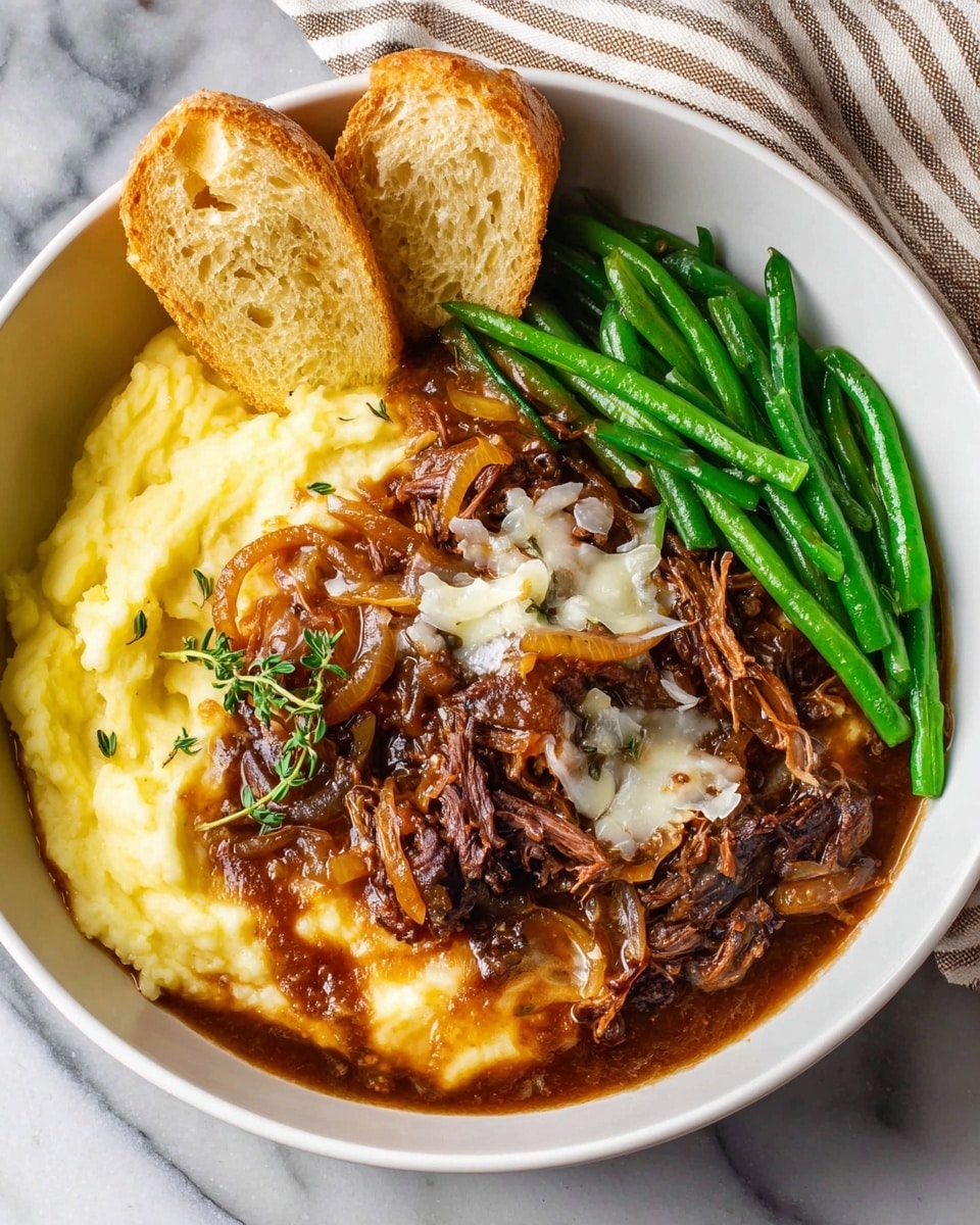 A white bowl holds a layered meal with mashed potatoes forming a smooth, creamy yellow base on the left side. Over the mashed potatoes is a rich brown onion gravy with visible softened onion slices, next to tender shredded dark brown meat topped with melted white cheese and a sprig of fresh thyme. Two pieces of toasted crusty bread rest leaning on the mashed potatoes at the top left. On the right side of the bowl is a neat pile of bright green sautéed green beans with a shiny texture. The bowl sits on a white marbled surface with a striped beige cloth in the background. photo taken with an iphone --ar 4:5 --v 7