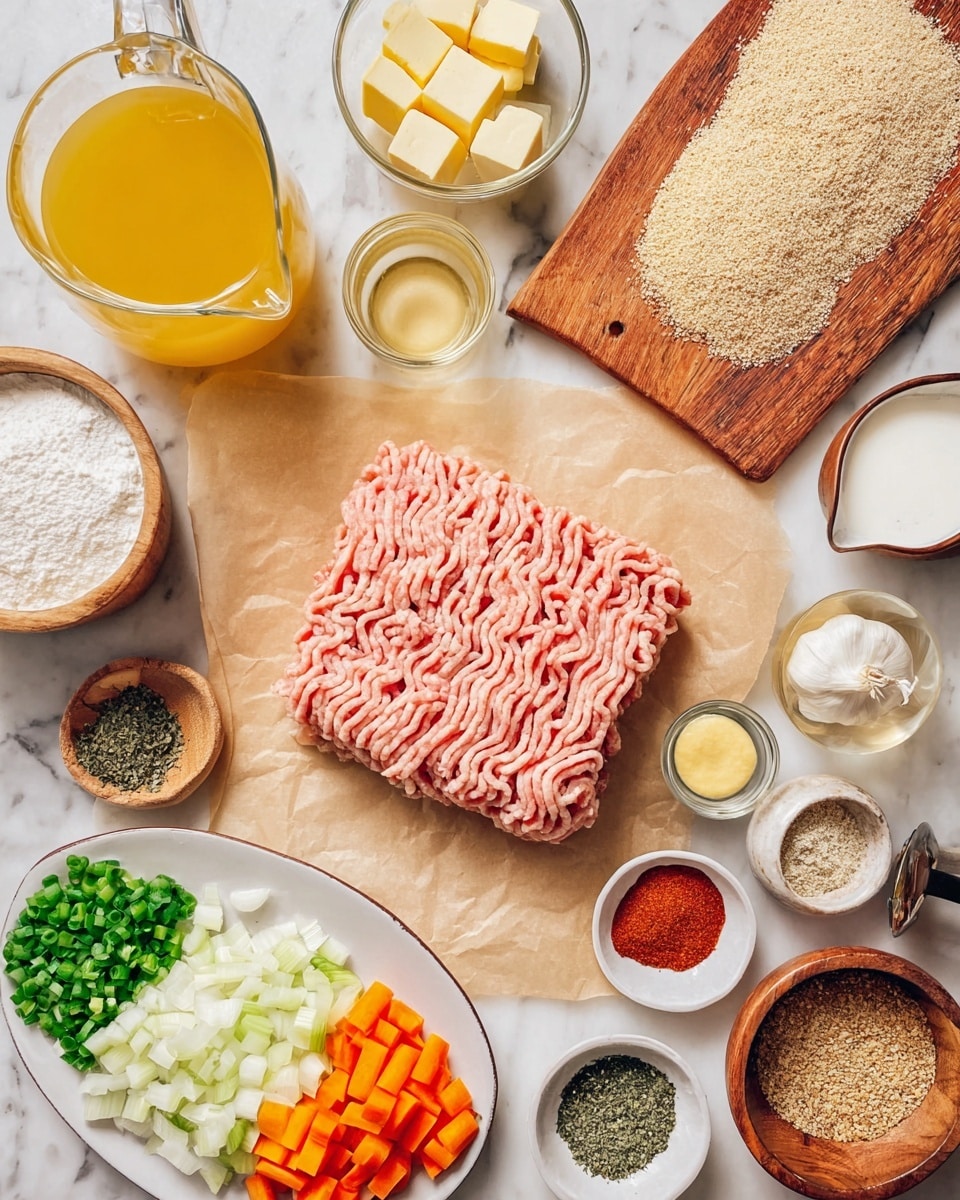 The image shows raw ground meat in two layers on brown paper, light pink with visible strands. Around it are various ingredients: at top left, a large glass jug with yellow broth and next to it a small glass of clear liquid; moving right, a wooden bowl with chunks of light yellow butter, a small bowl with mustard, a measuring cup with white milk, and a small wooden bowl with white flour. On the bottom left, there is a white plate with green dried herbs, a wooden cutting board with four different chopped vegetables in neat rows showing white onion, orange carrot, green celery, and garlic, with a small bowl of mustard on the corner. At the bottom right, a white plate with four spices in separate piles: red, green, black, and white, and a wooden bowl filled with light brown breadcrumbs. The surface is white marbled. Photo taken with an iphone --ar 4:5 --v 7