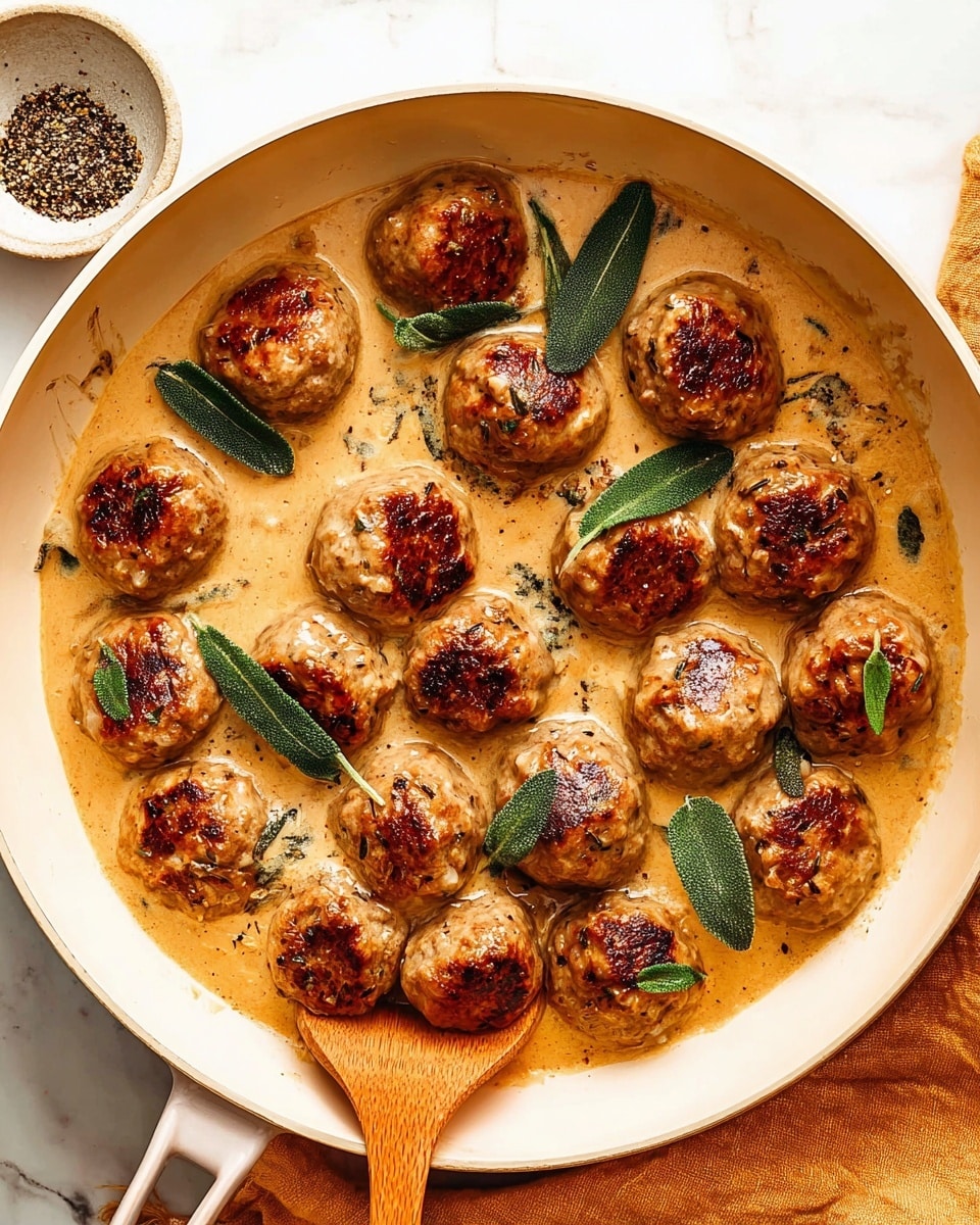A white pan filled with about twenty browned meatballs covered in a creamy light brown sauce, some meatballs are partially submerged while others show a golden crispy top. Bright green sage leaves are scattered over the meatballs for decoration. A wooden spoon rests inside the pan, slightly lifting one meatball from the sauce. The pan sits on a white marbled surface with a light orange cloth under one side of the handle. In the top left corner, there is a small white bowl filled with crushed black pepper. photo taken with an iphone --ar 4:5 --v 7