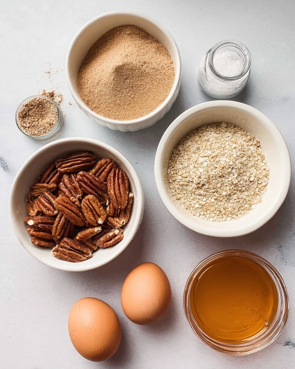 The image shows several ingredients placed on a white marbled surface. There is a white bowl with a light brown powder at the top, a white cup filled with whole pecan nuts on the left, and another white bowl with finely ground nuts or breadcrumbs on the right. Below these containers, there are two brown eggs resting on the surface and a small jar filled with honey at the bottom. On the upper right side, there is a small clear jar with a light orange liquid and a small glass container with white salt nearby. The scene is simple and neat, highlighting the natural colors and textures of the ingredients. photo taken with an iphone --ar 4:5 --v 7