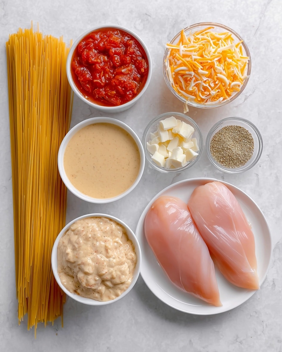 A white plate holds two raw, smooth, light pink chicken breasts at the bottom right side. Above and left of the plate, a white bowl is filled with bright orange shredded cheese with thin, soft strands. To the right of the cheese, a white bowl contains small white chunks of cheese with a soft texture. Above it, there is a white bowl filled with a creamy beige sauce, smooth and slightly glossy. Next to this bowl on the left is another white bowl with a thicker beige sauce speckled with tiny dark bits, giving it a rough texture. Between and above these bowls is a small glass bowl with a bright red chunky tomato sauce with visible tomato pieces. Smaller glass bowls hold fine beige powder and mixed herbs visible as green and red specks. To the far left, a tall bundle of uncooked yellow spaghetti, bound with light string, stands vertically. All items are arranged on a white marbled surface. photo taken with an iphone --ar 4:5 --v 7