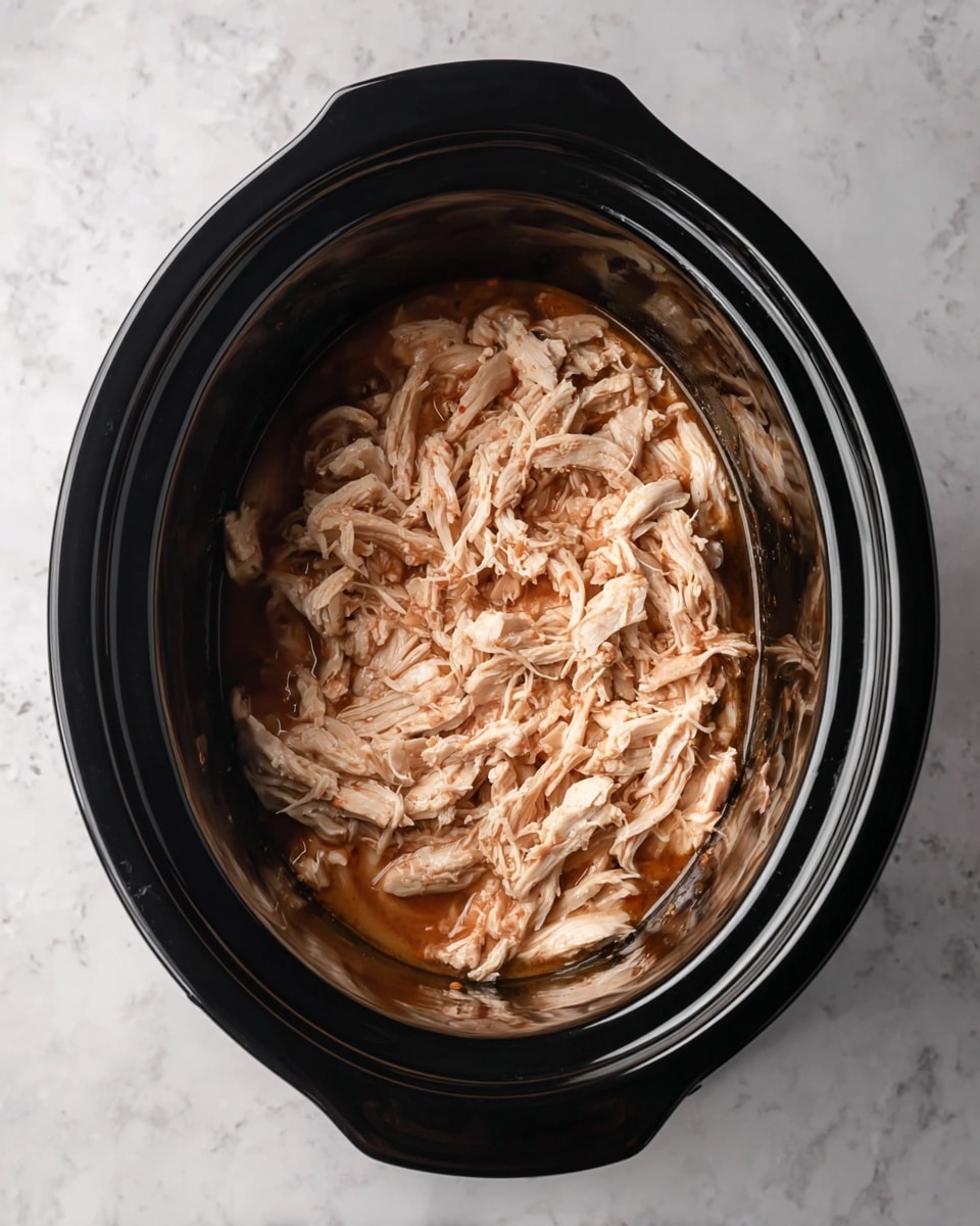 In a black slow cooker, there is a layer of shredded light beige cooked chicken mixed with a light brown sauce that has some reddish spots, giving it a moist texture. The shredded chicken pieces are spread evenly across the bottom of the slow cooker, and the inside surface of the cooker is glossy black, creating a strong contrast with the chicken and sauce. The slow cooker is placed on a white marbled surface, visible around the edges. Photo taken with an iphone --ar 4:5 --v 7