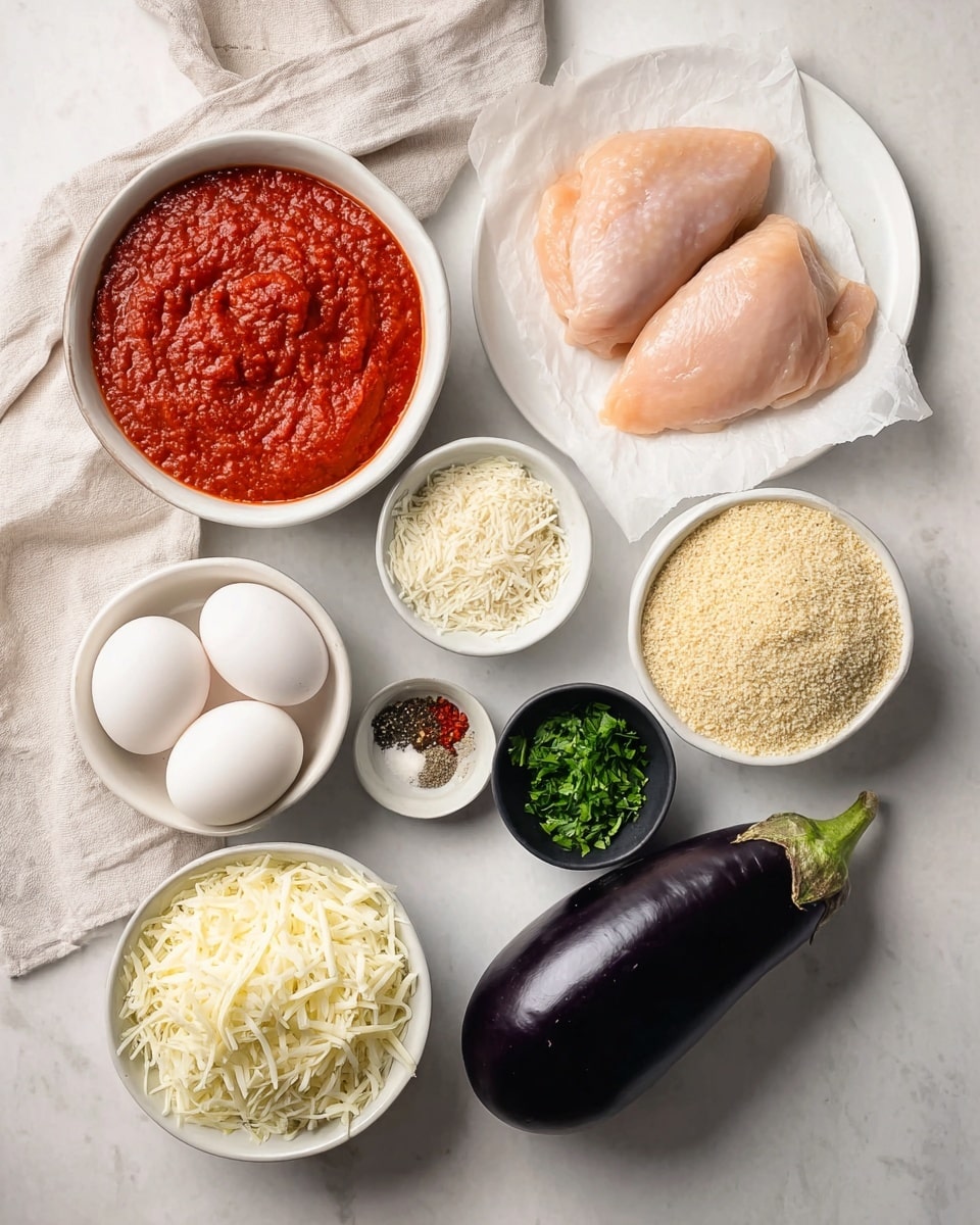 The image shows raw cooking ingredients neatly arranged on a white marbled surface with a light cloth on the left side. At the top right, there are two smooth, pale pink chicken pieces on white parchment paper placed on a white plate. Below to the left, a white bowl is filled with thick red tomato sauce that looks rich and smooth. Next to it on the right, another white bowl holds fine, light tan breadcrumbs. At the bottom right, a shiny deep purple eggplant sits alone. On the bottom left, there is a white bowl filled with shredded white cheese, a small black bowl with chopped green parsley, two white eggs side by side, a small container with grated cheese, and a round white dish holding several spices like black pepper, salt, dried herbs, and red chili flakes. All the ingredients are displayed clearly for easy viewing. Photo taken with an iphone --ar 4:5 --v 7