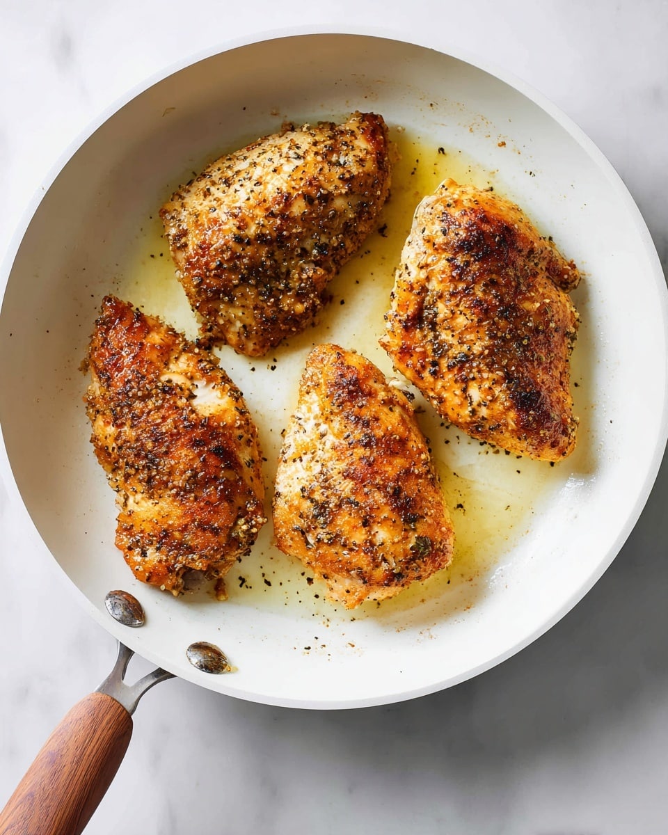 Four pieces of cooked chicken lay in a white pan with a wooden handle, each piece showing a golden-brown crispy crust with visible black pepper and herbs. The chicken pieces are arranged with two near the top and two at the bottom, sitting in a light layer of oil. The pan rests on a white marbled surface, and the lighting highlights the texture of the crispy chicken skin. photo taken with an iphone --ar 4:5 --v 7